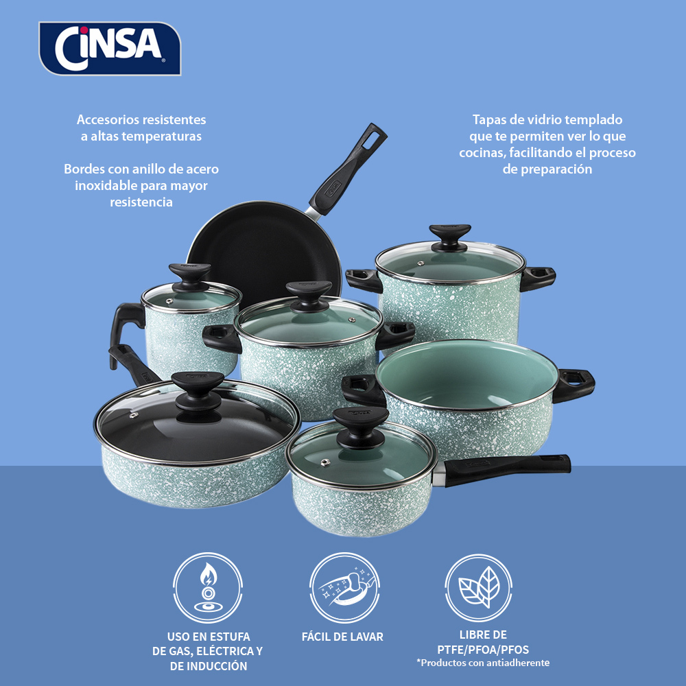 Foto 8 | Batería De Cocina Cinsa Granito Jade 12 Piezas Menta