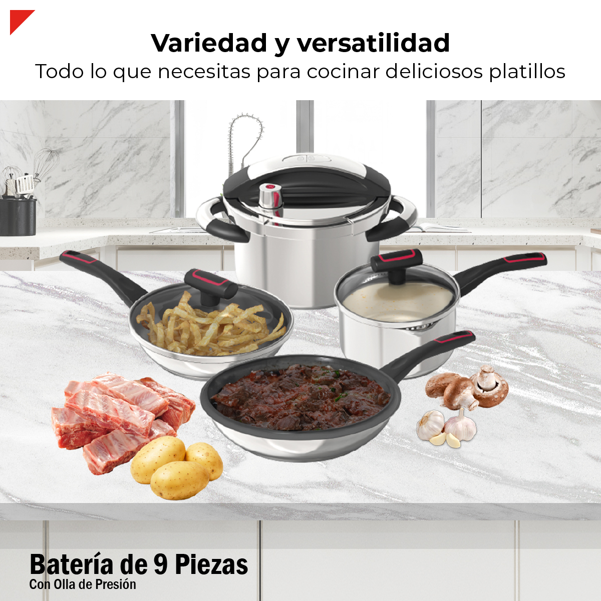 Foto 3 pulgar | Bogner Set De Cocina En Acero Inoxidable 304: Olla A Presión 4.5l, Cazo 2.5l, Sartén 22 Cm Y 28 Cm, Utensilios De Si