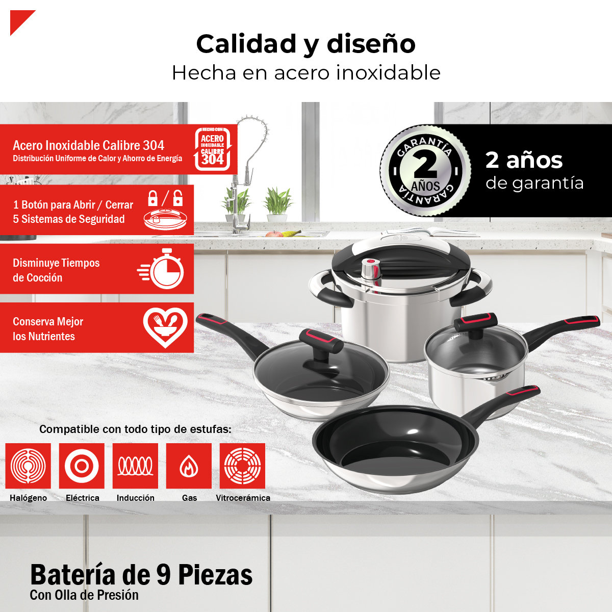 Foto 4 pulgar | Bogner Set De Cocina En Acero Inoxidable 304: Olla A Presión 4.5l, Cazo 2.5l, Sartén 22 Cm Y 28 Cm, Utensilios De Si