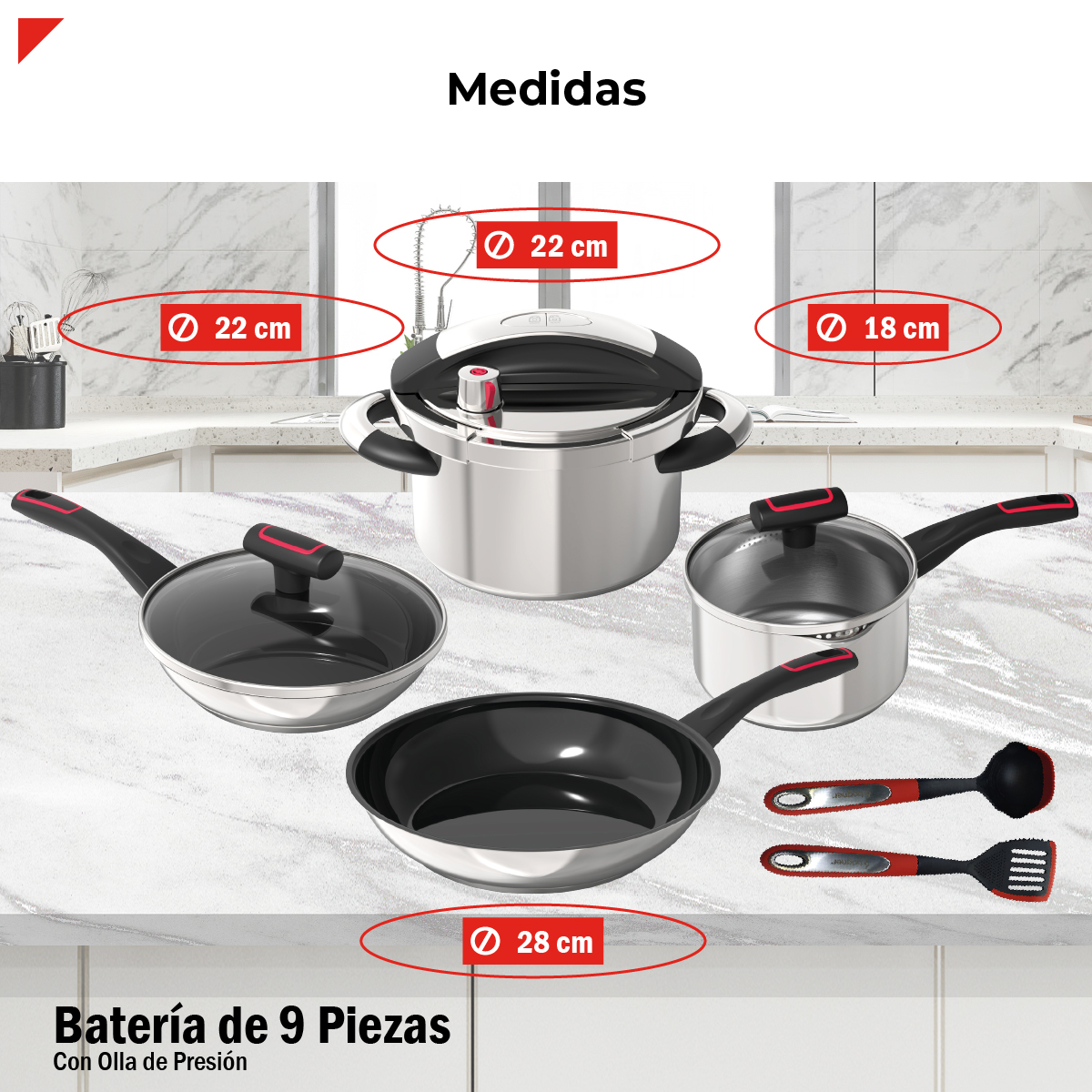Foto 5 pulgar | Bogner Set De Cocina En Acero Inoxidable 304: Olla A Presión 4.5l, Cazo 2.5l, Sartén 22 Cm Y 28 Cm, Utensilios De Si