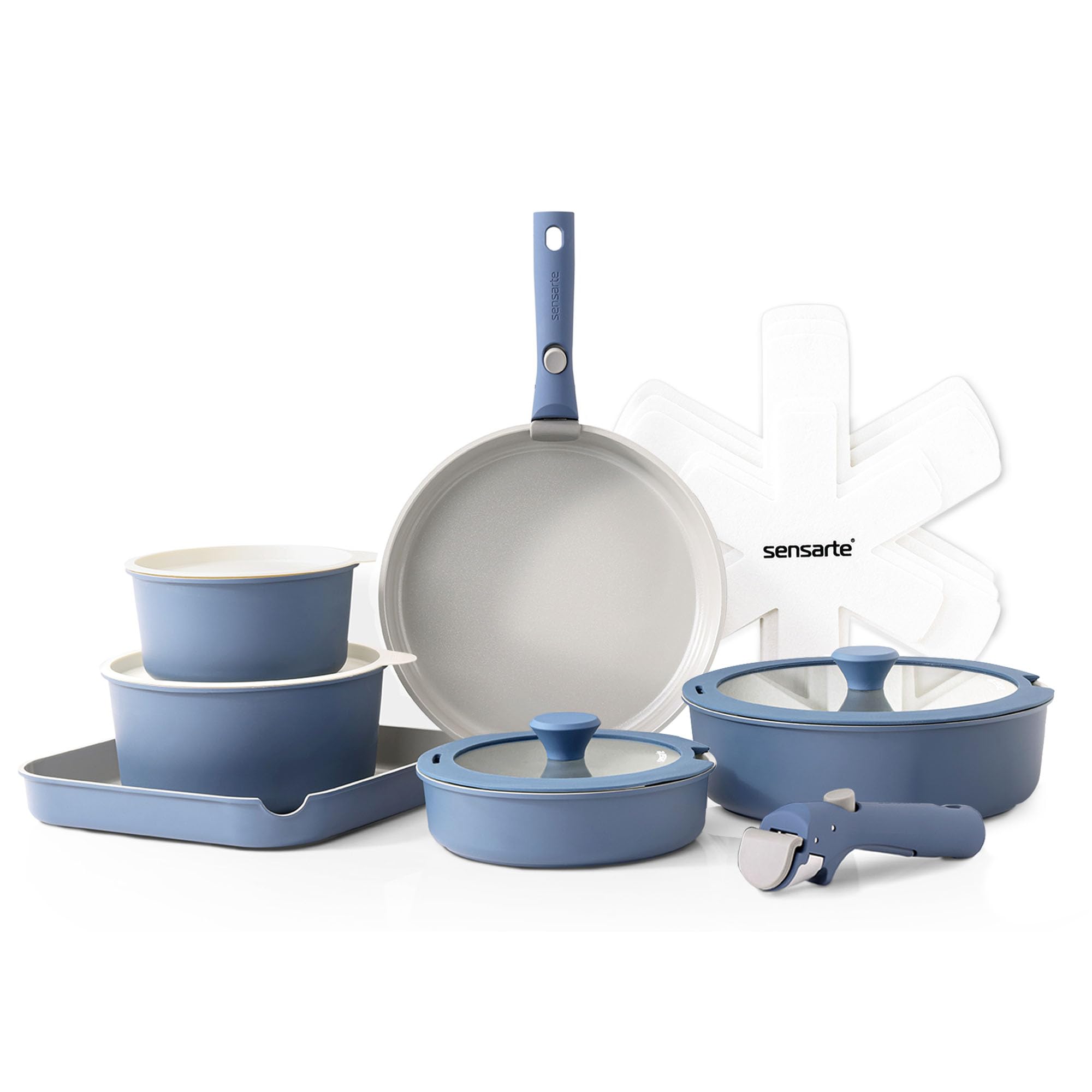 Set De Utensilios De Cocina Sensarte, Ollas Y Sartenes De Cerámica, 17 Piezas, Color Azul Marino - Venta Internacional.