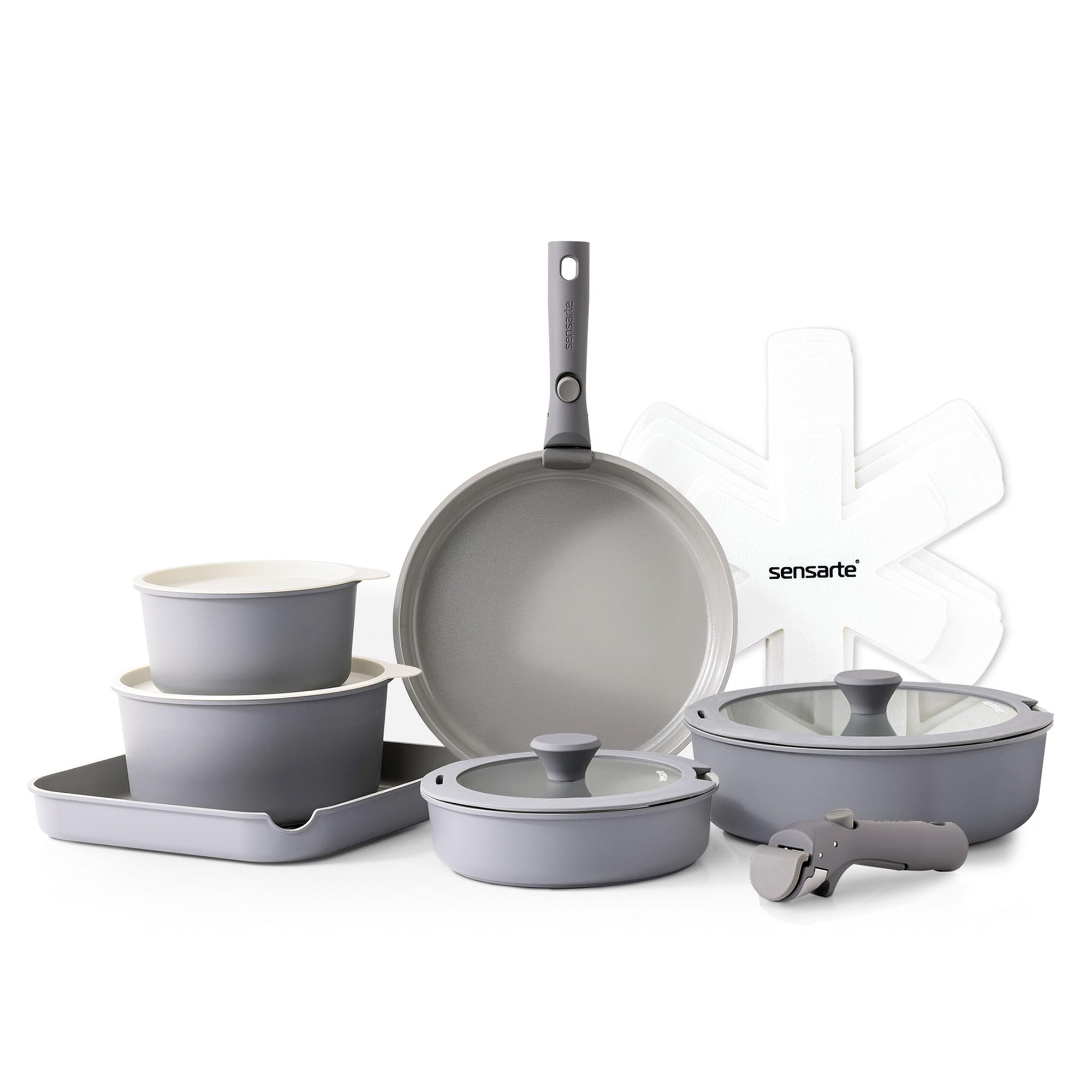 Set De Utensilios De Cocina Sensarte, Ollas Y Sartenes De Cerámica, 17 Piezas, Color Gris - Venta Internacional.