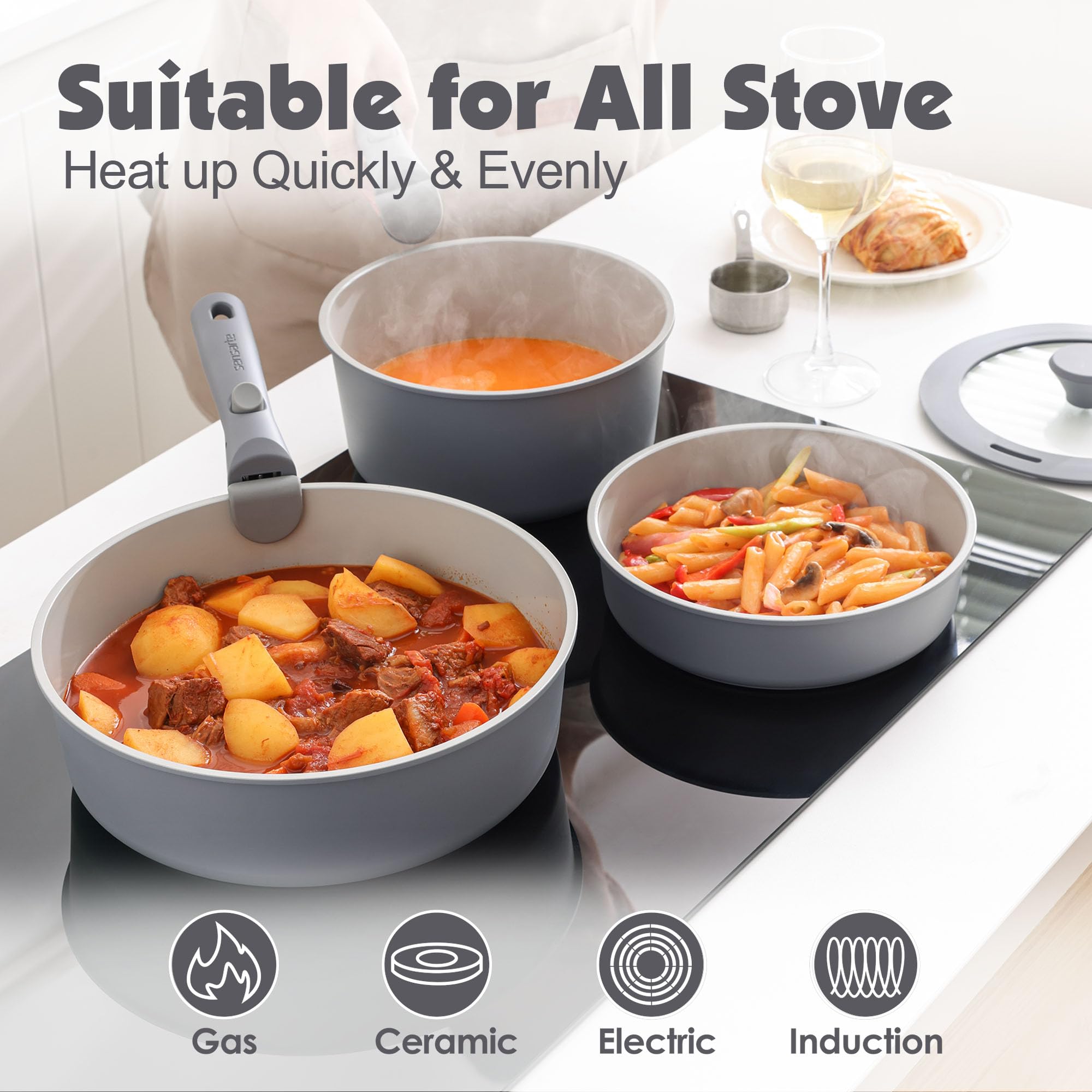 Foto 6 | Set De Utensilios De Cocina Sensarte, Ollas Y Sartenes De Cerámica, 17 Piezas, Color Gris - Venta Internacional.