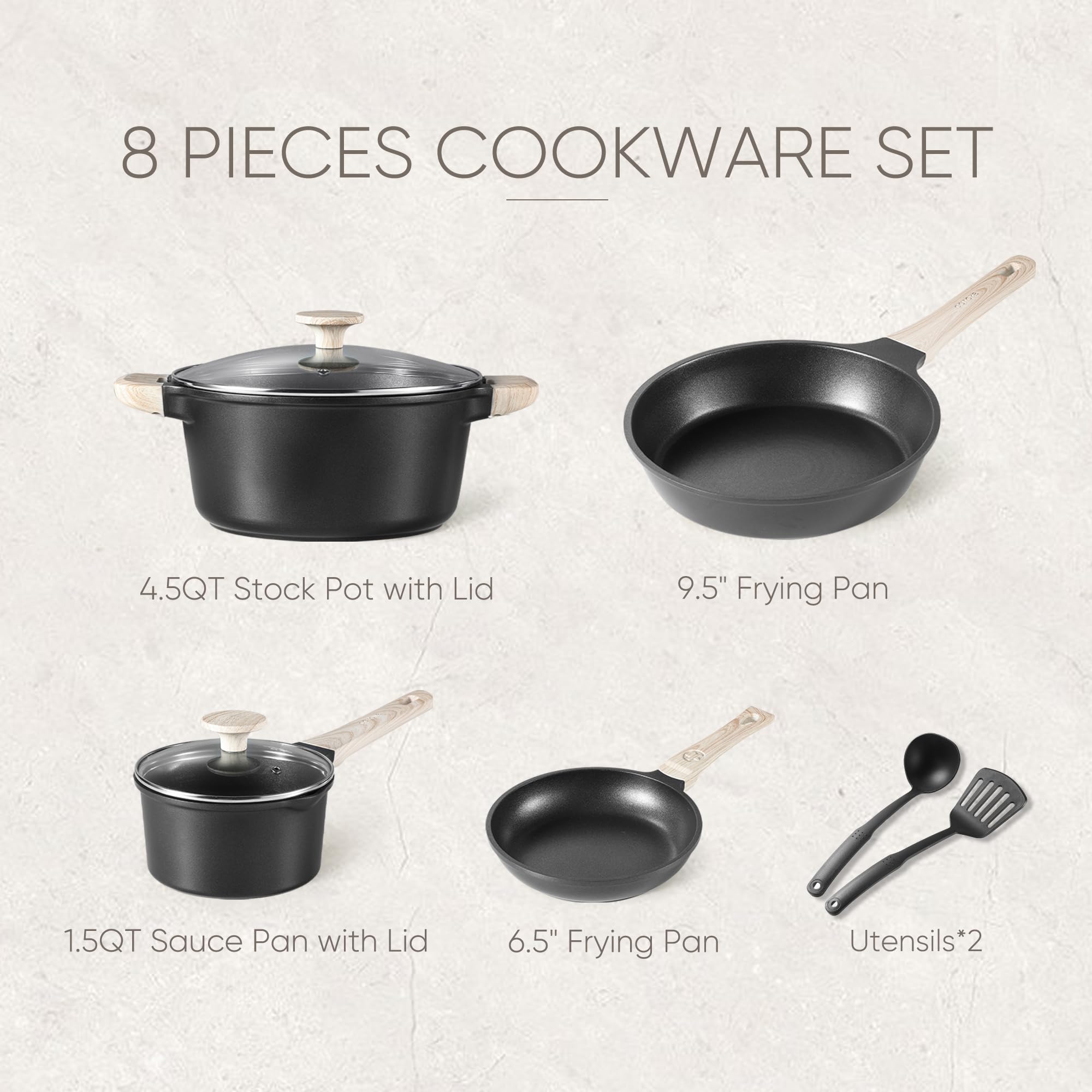 Foto 3 pulgar | Juego De Utensilios De Cocina Carote Antiadherentes Negros, 8 Piezas Con Inducción - Venta Internacional.