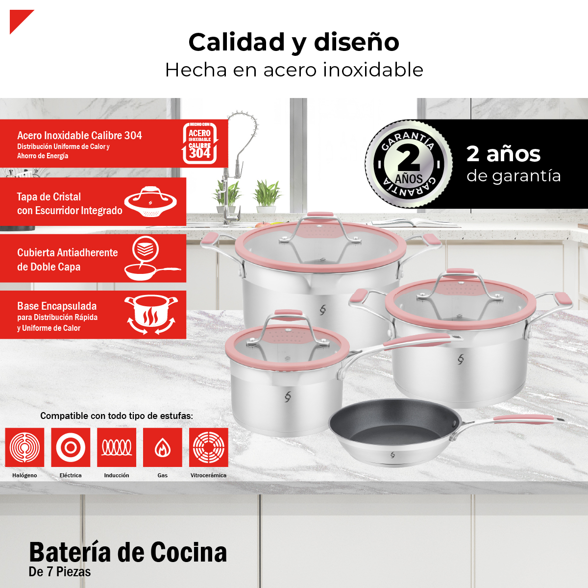 Foto 4 pulgar | Batería de Cocina Bogner de Acero Inoxidable 304 7 Piezas Rosa Bcps06p