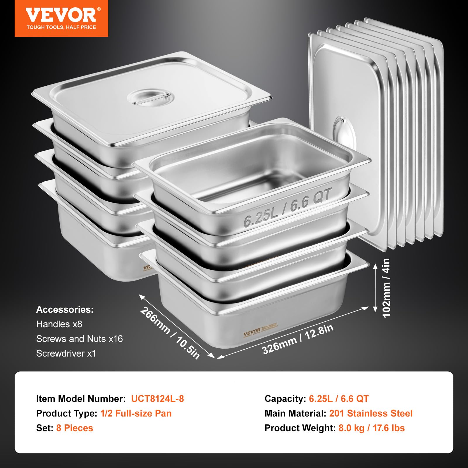 Foto 7 | Sartén De Vapor Antiatascos Vevor De Hotel Pans, Tamaño 1/2, Con Tapas, Paquete De 8 - Venta Internacional.