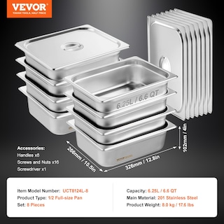 Foto 7 | Sartén De Vapor Antiatascos Vevor De Hotel Pans, Tamaño 1/2, Con Tapas, Paquete De 8 - Venta Internacional.
