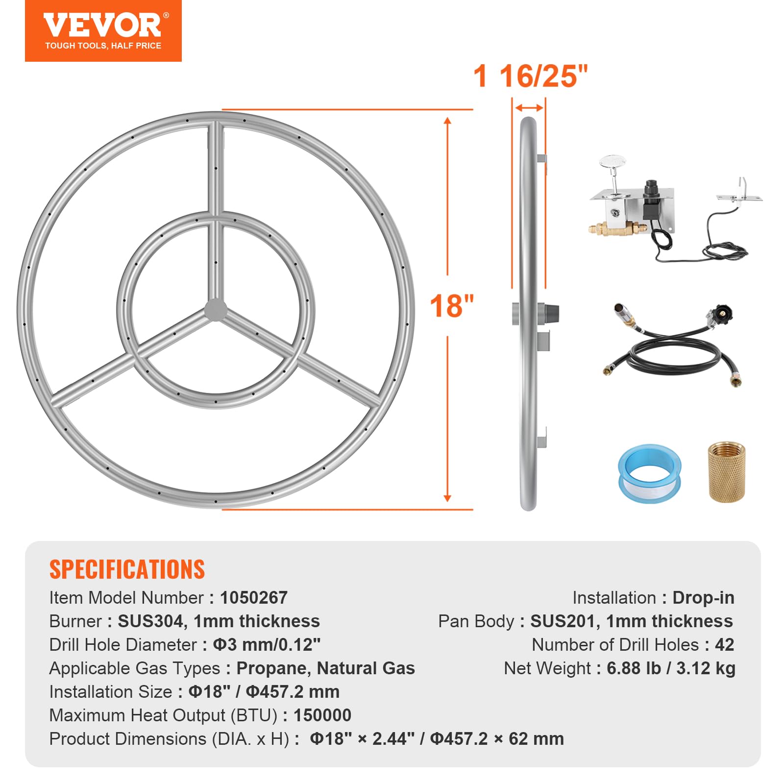 Foto 8 pulgar | Sartén Para Fogatas Vevor Redonda De Acero Inoxidable De 18 Pulgadas Con Accesorios - Venta Internacional.