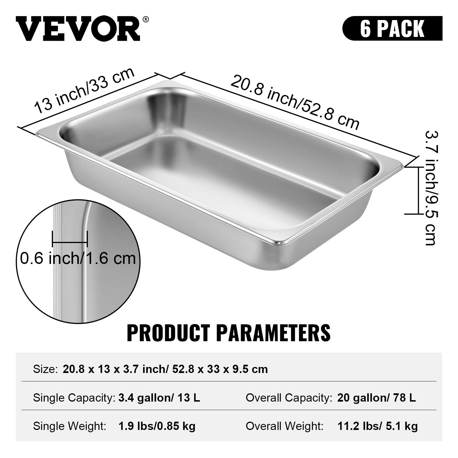 Foto 8 pulgar | Bandejas para Mesa de Vapor Vevor de Acero Inoxidable 6 Piezas -  Venta Internacional