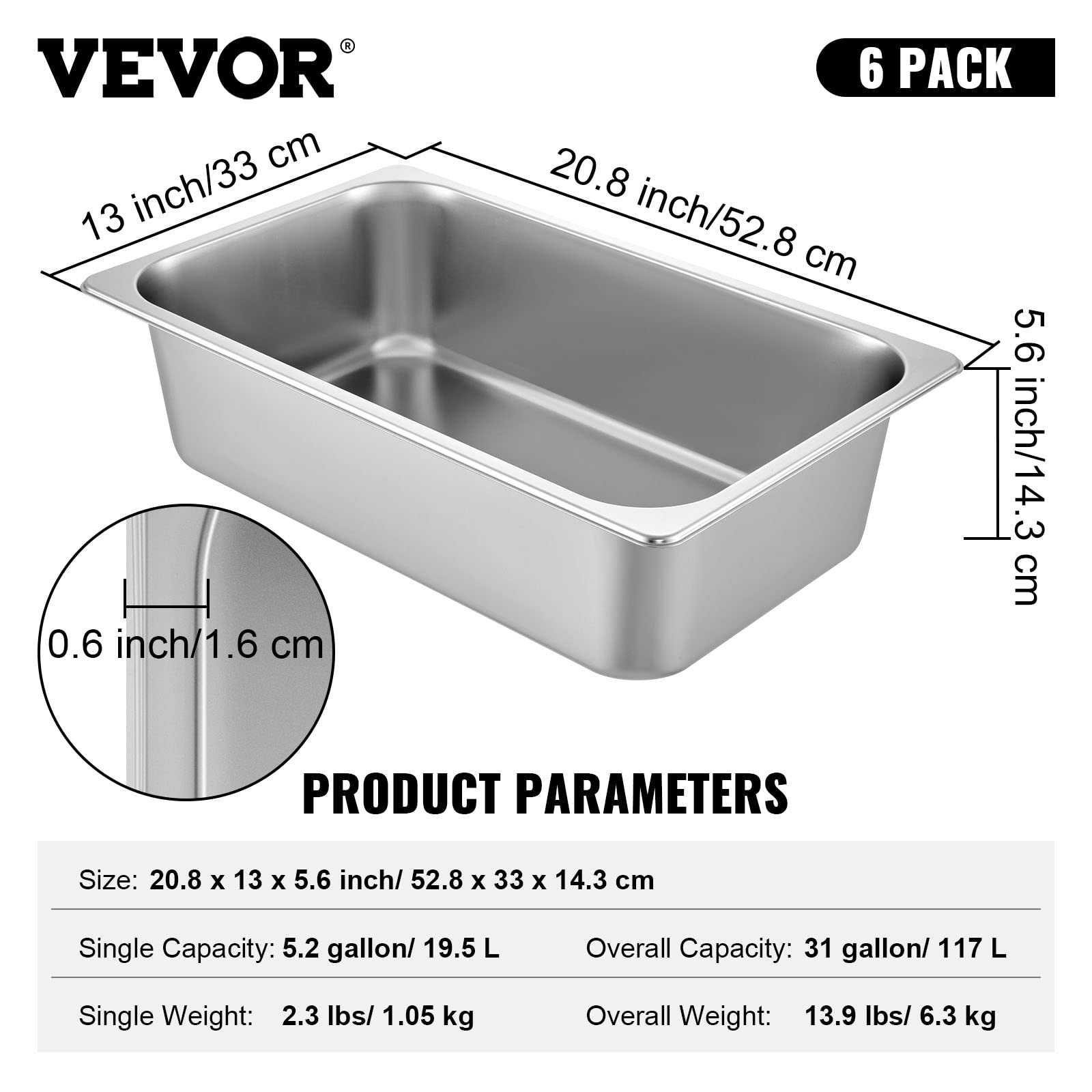 Foto 8 pulgar | Bandejas para Mesa de Vapor Vevor de Acero Inoxidable 6 Piezas - Venta Internacional