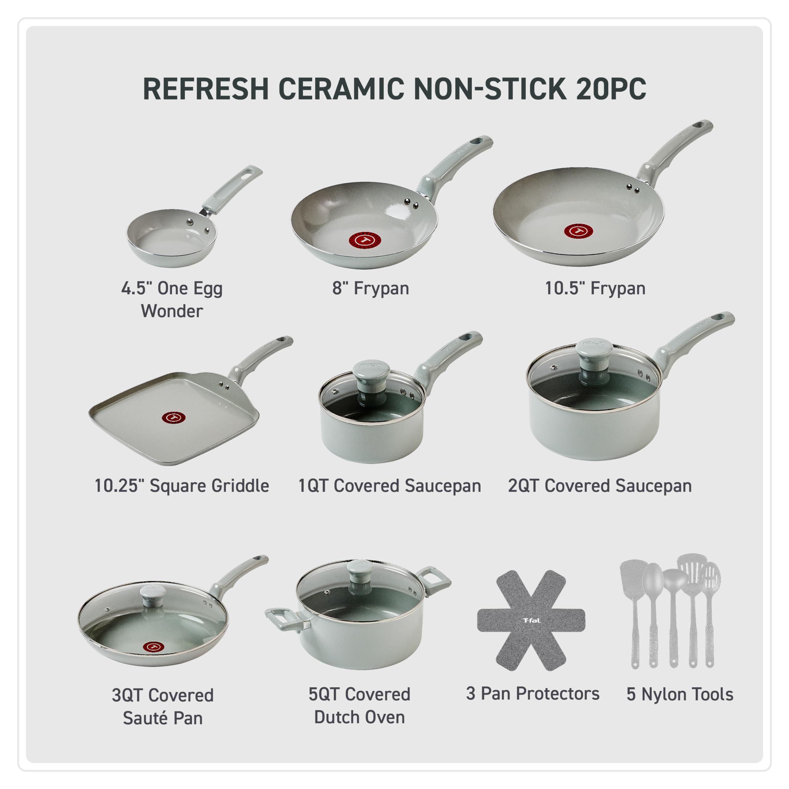 Foto 3 pulgar | Juego De Utensilios De Cocina T-fal Refresh Ceramic, 20 Piezas, Con Utensilios, Color Gris Luna - Venta Internacional.