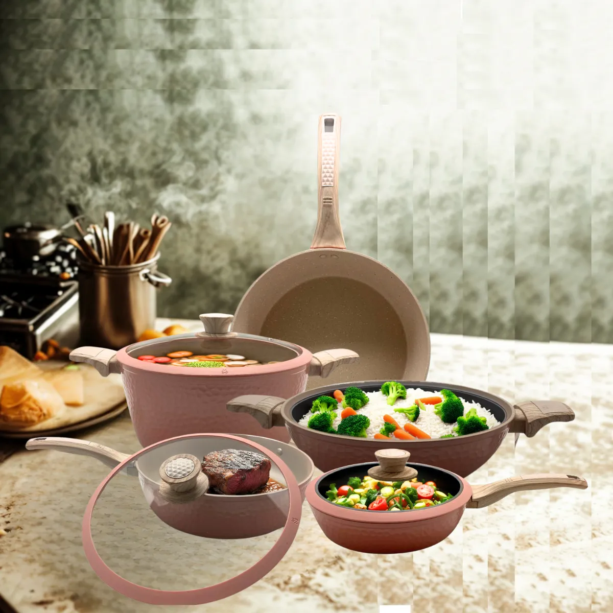 Foto 4 pulgar | Batería De Cocina Rosa 10 Piezas Antiadherente Amartillada Rosa