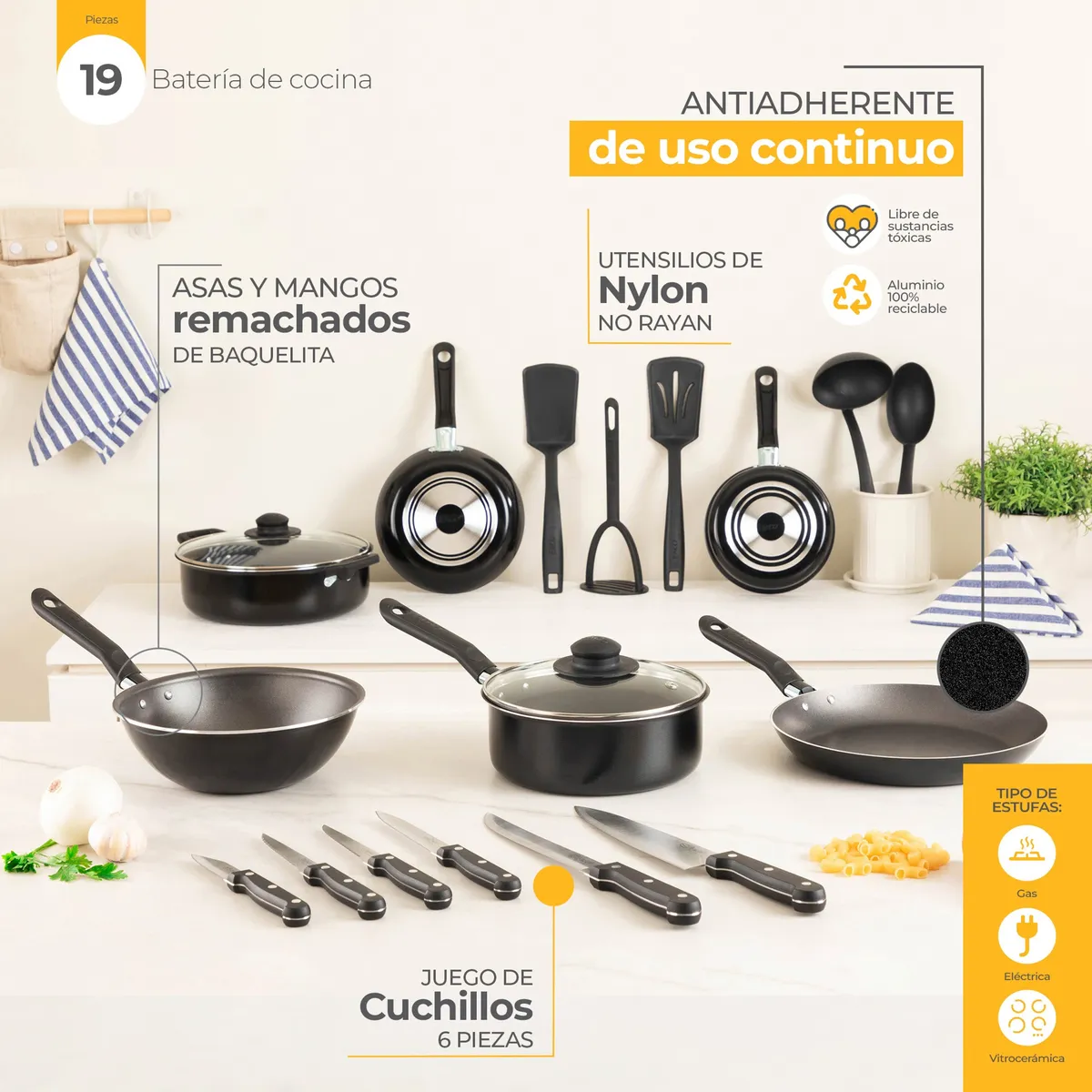 Foto 4 pulgar | Batería De Cocina Serum Negro C/antiadherente 19 Pzas Lab.g Negro