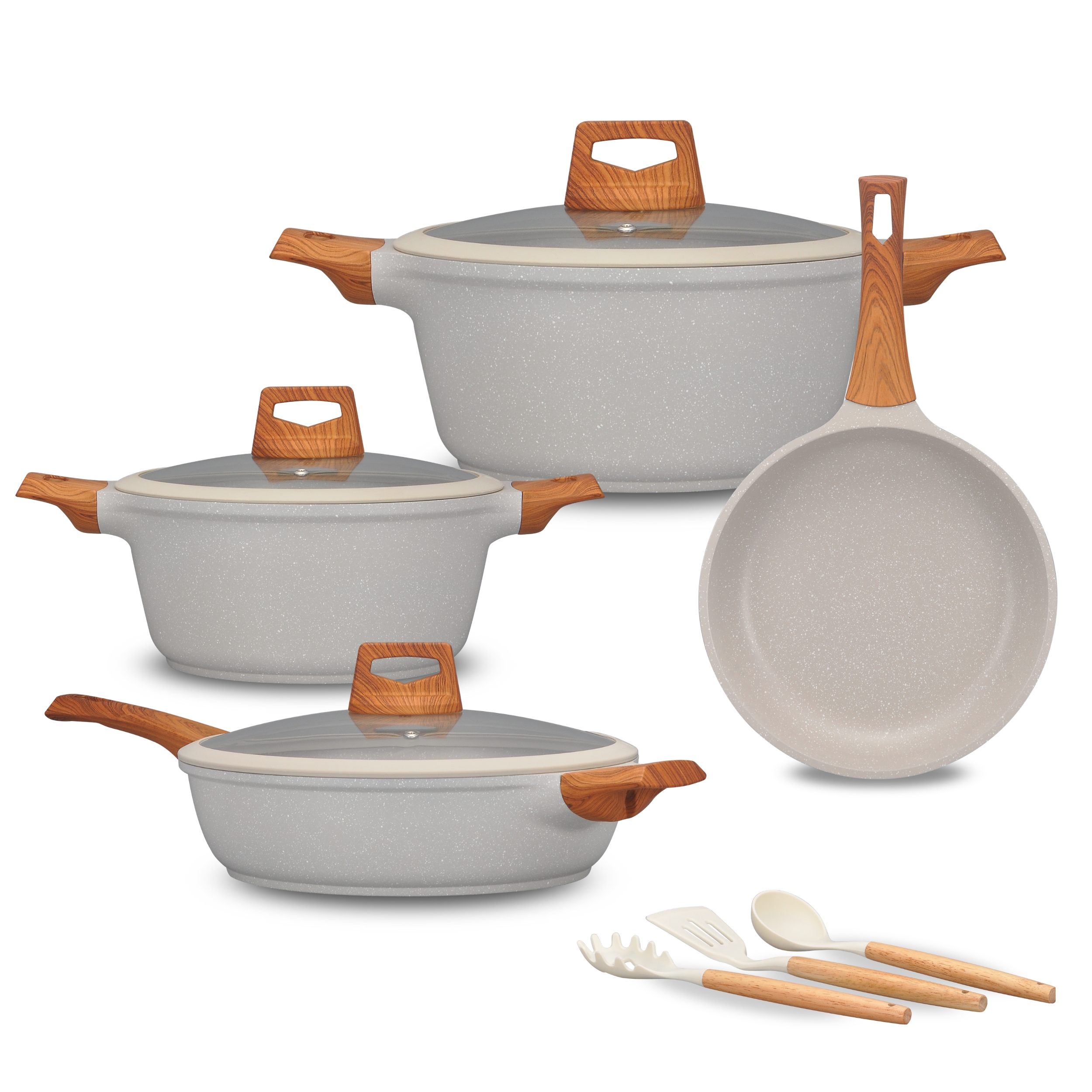 Foto 1 | Kochstelle Batería De Cocina Wood Color Blanco Mármol Antiadherente De 10 Piezas