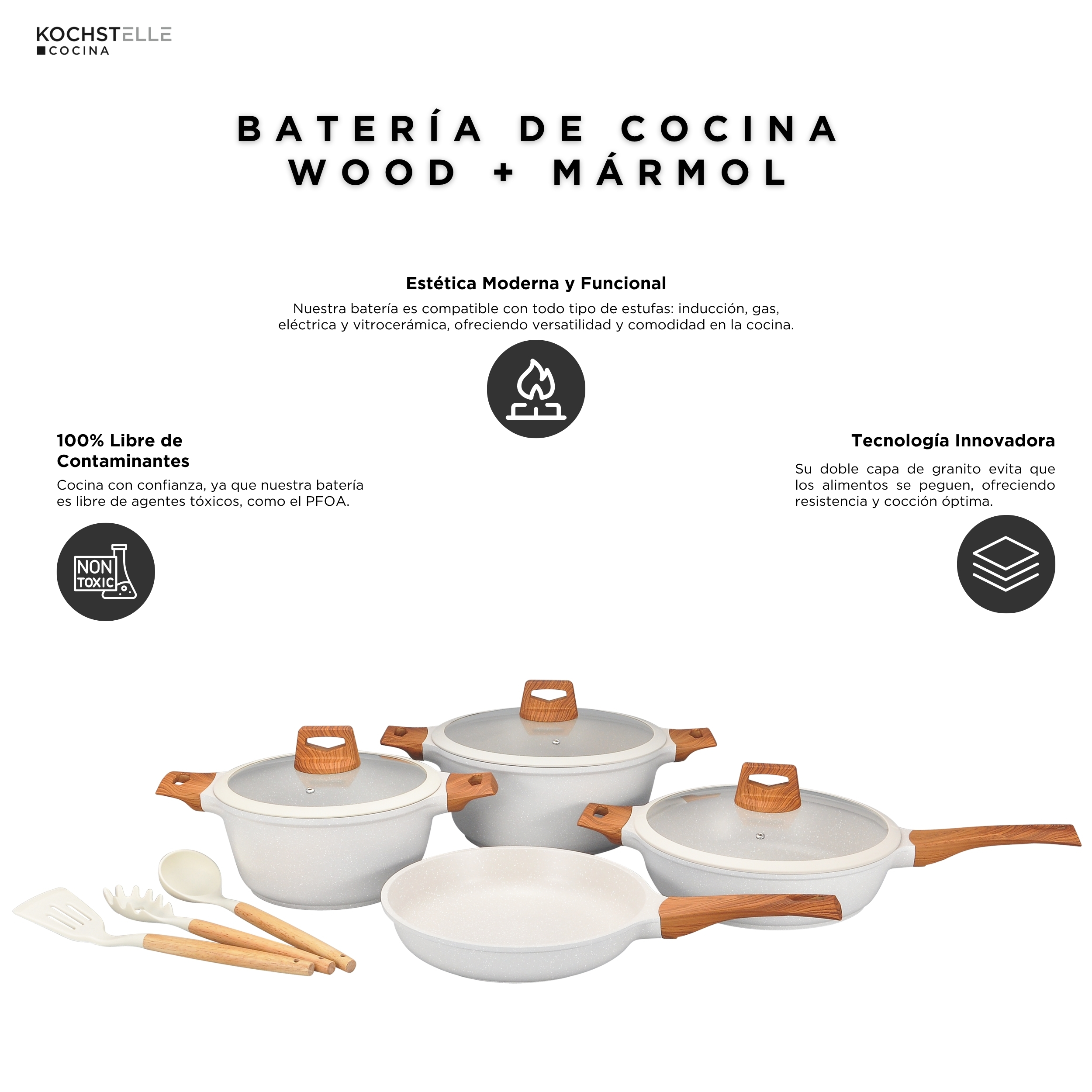 Foto 6 pulgar | Kochstelle Batería De Cocina Wood Color Blanco Mármol Antiadherente De 10 Piezas