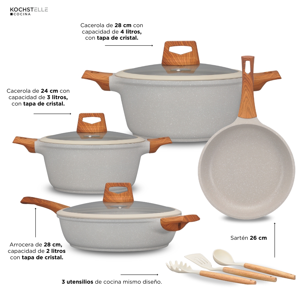 Foto 7 | Kochstelle Batería De Cocina Wood Color Blanco Mármol Antiadherente De 10 Piezas