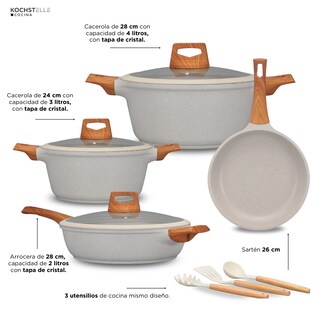 Foto 7 | Kochstelle Batería De Cocina Wood Color Blanco Mármol Antiadherente De 10 Piezas