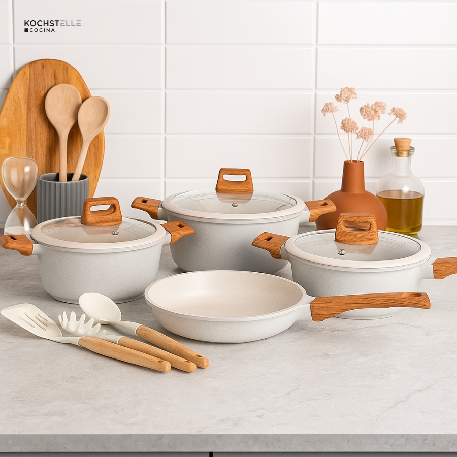 Foto 9 pulgar | Kochstelle Batería De Cocina Wood Color Blanco Mármol Antiadherente De 10 Piezas