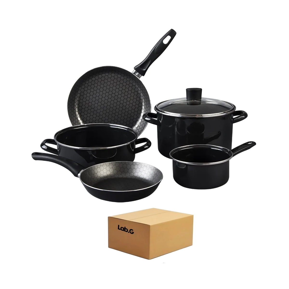 Bateria De Cocina De Aluminio Con Antiadherente 6 Piezas, Con Tapa De Vidrio Lab.g Negro