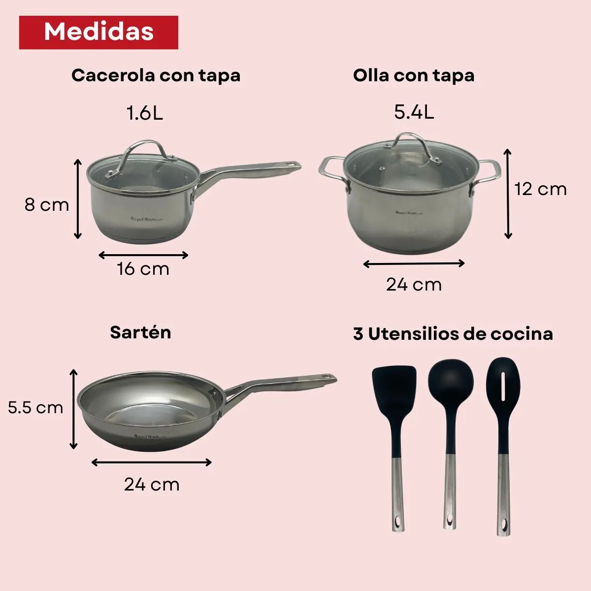 Foto 4 pulgar | Batería Cocina Royal Haus Acero Inox Quirúrgico 8pzs C/utls Plateado