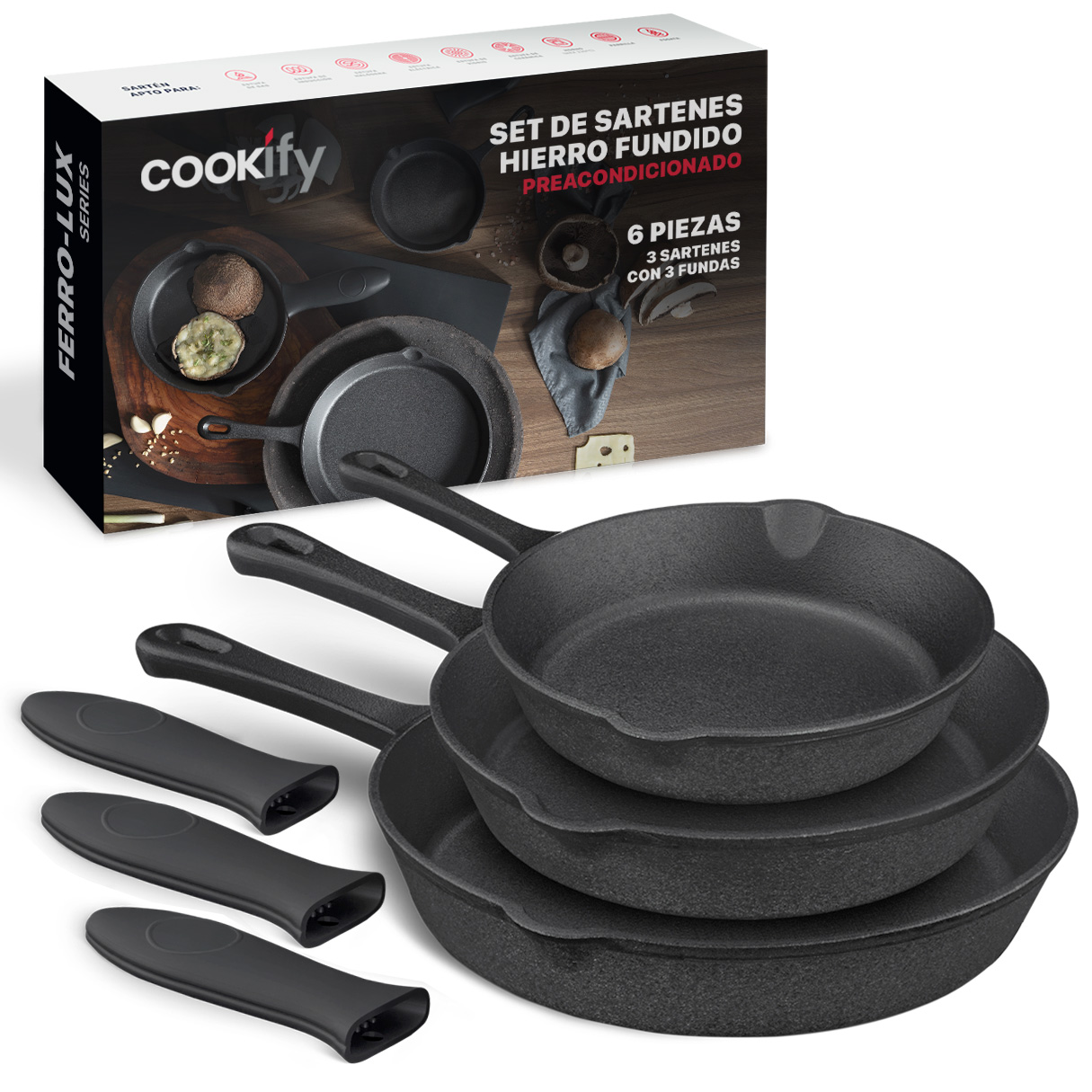 Foto 2 pulgar | Juego De Sartenes Cookify Hierro Fundido Precurado Negro 3 Piezas