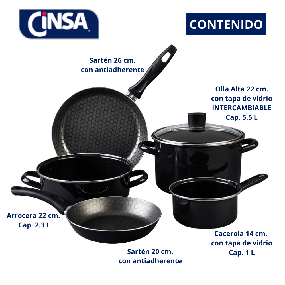 Foto 7 pulgar | Batería De Cocina Santiago Cinsa 6 Piezas Negro Con Tapa De Vidrio
