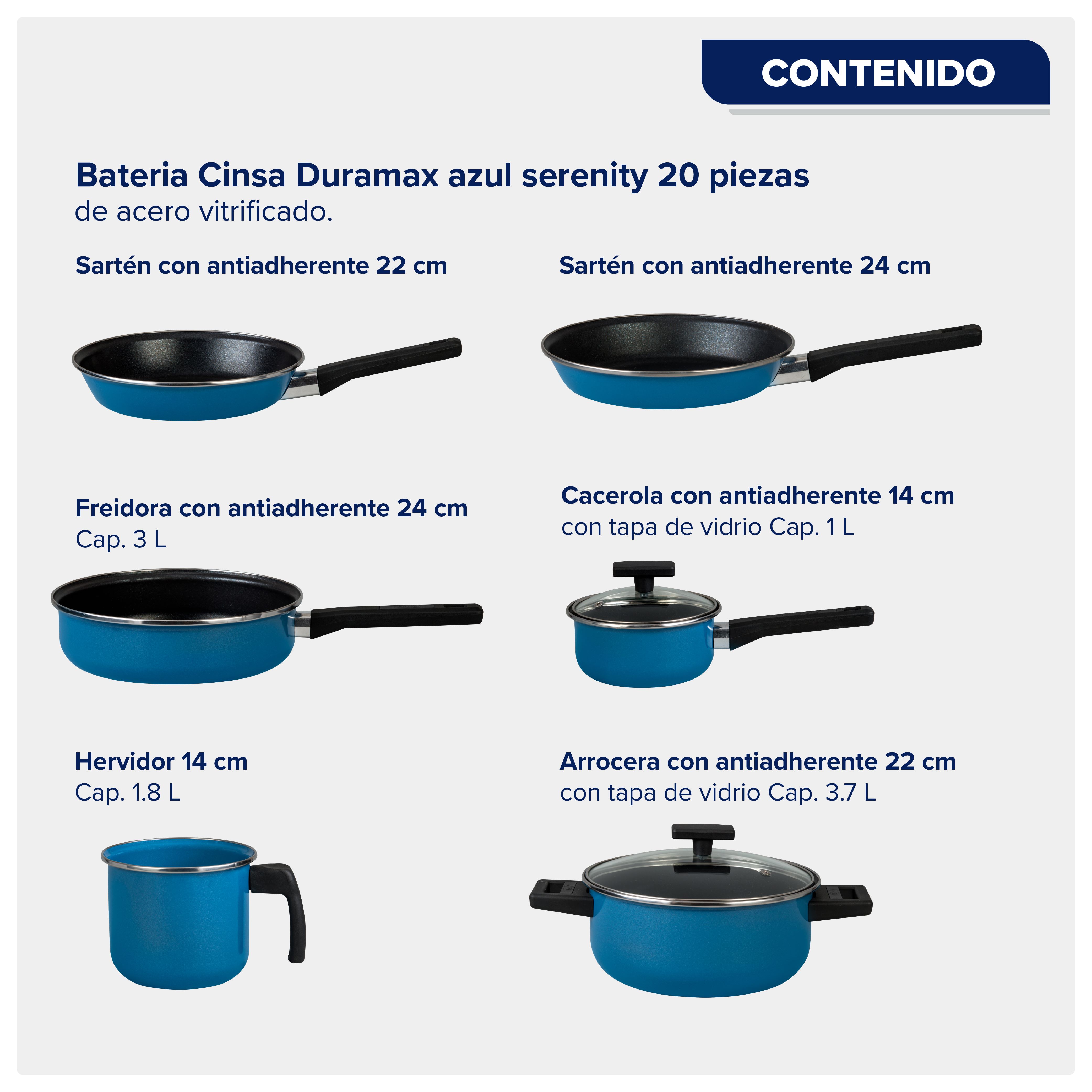 Foto 3 pulgar | Batería De Cocina Cinsa Duramax Azul Serenity De Acero Vitrificado Antiadherente 20 Piezas