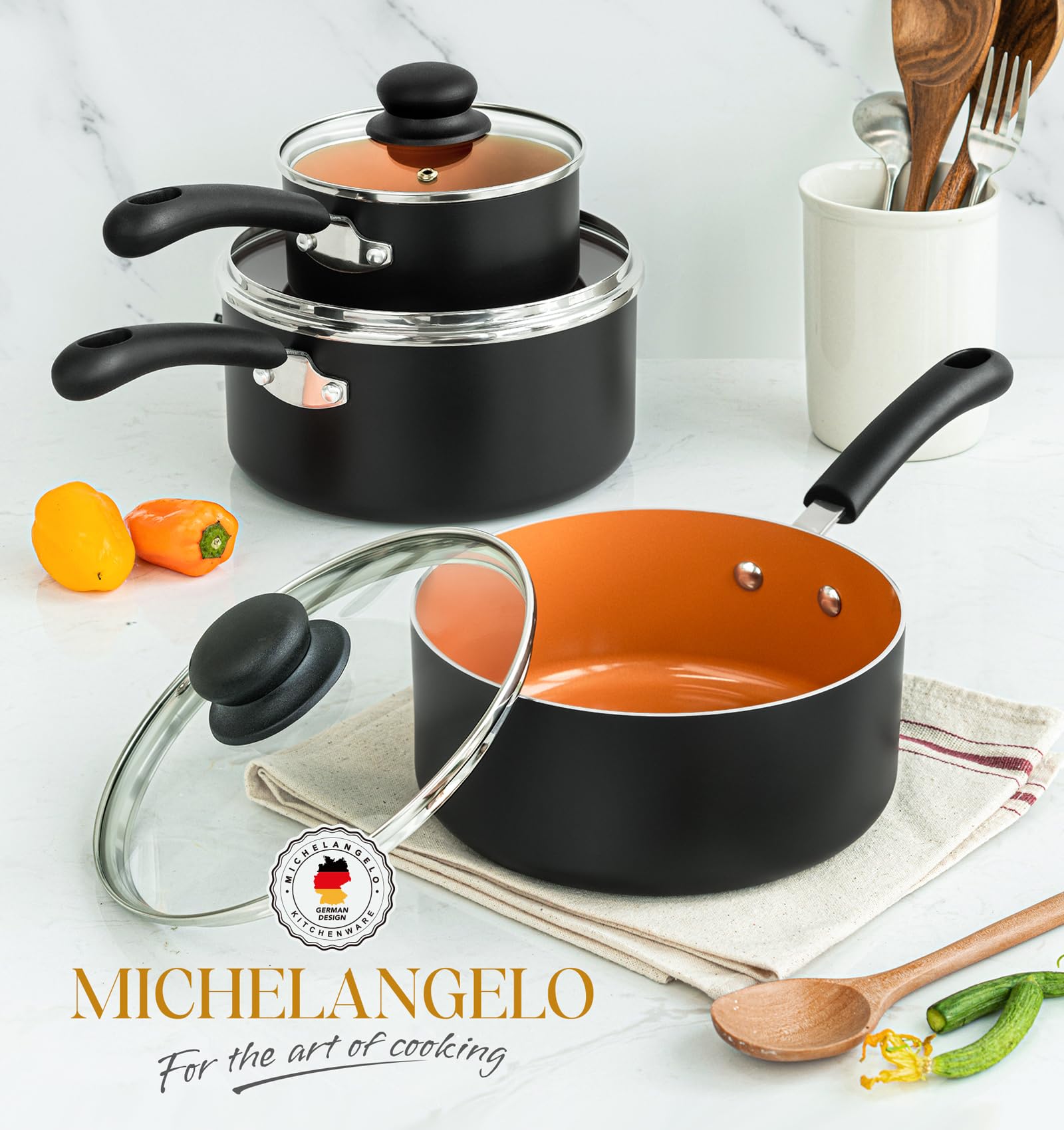 Foto 7 pulgar | Juego De Ollas Michelangelo Ceramic 1.5l, 2l, 3l Con Tapa De Cobre - Venta Internacional.