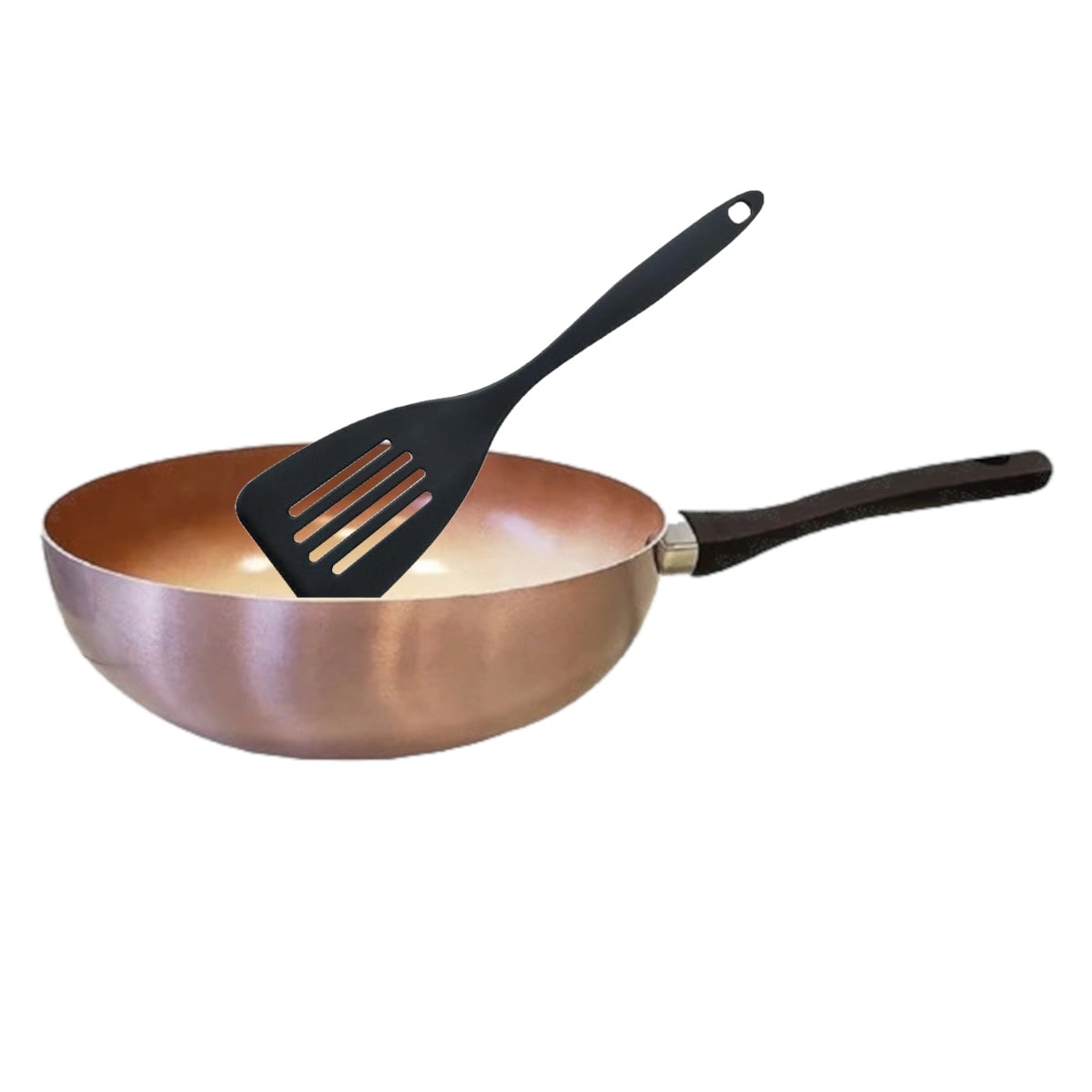 Wok Hudson 28cm Aluminio Espesor 2mm 3 Capas Antiadherente Cerámico Color Cobre Y Espátula Nylon $565