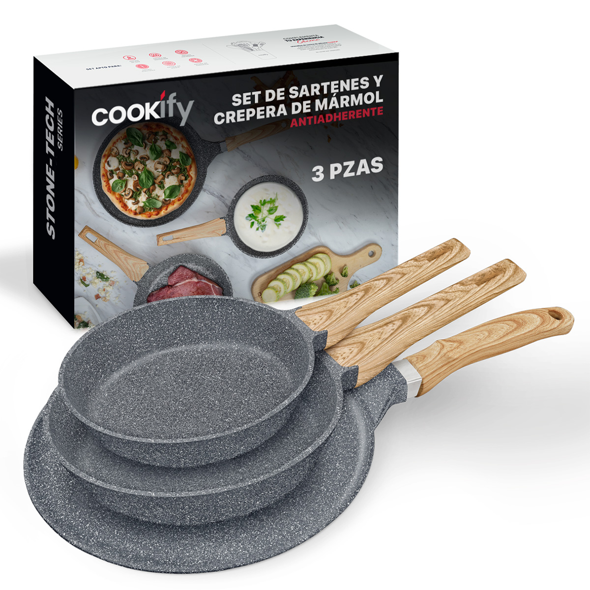 Set de Sartenes y Crepera Cookify de Mármol  20/ 24/ 28 cm Gris Antiadherente Libre de PFOA