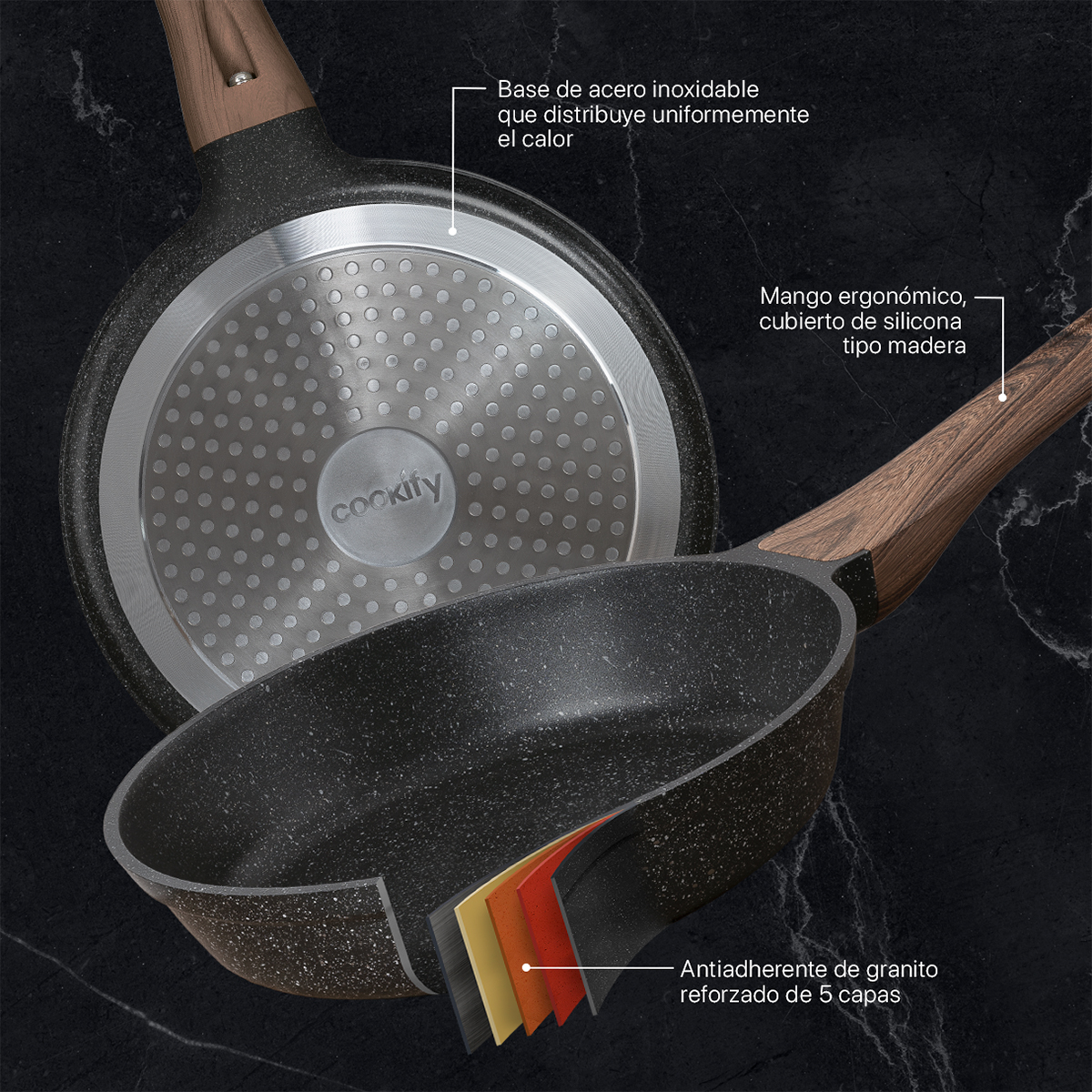 Foto 4 pulgar | Sartén Cookify De Mármol 24 Cm Negro, Antiadherente, Libre De Pfoa
