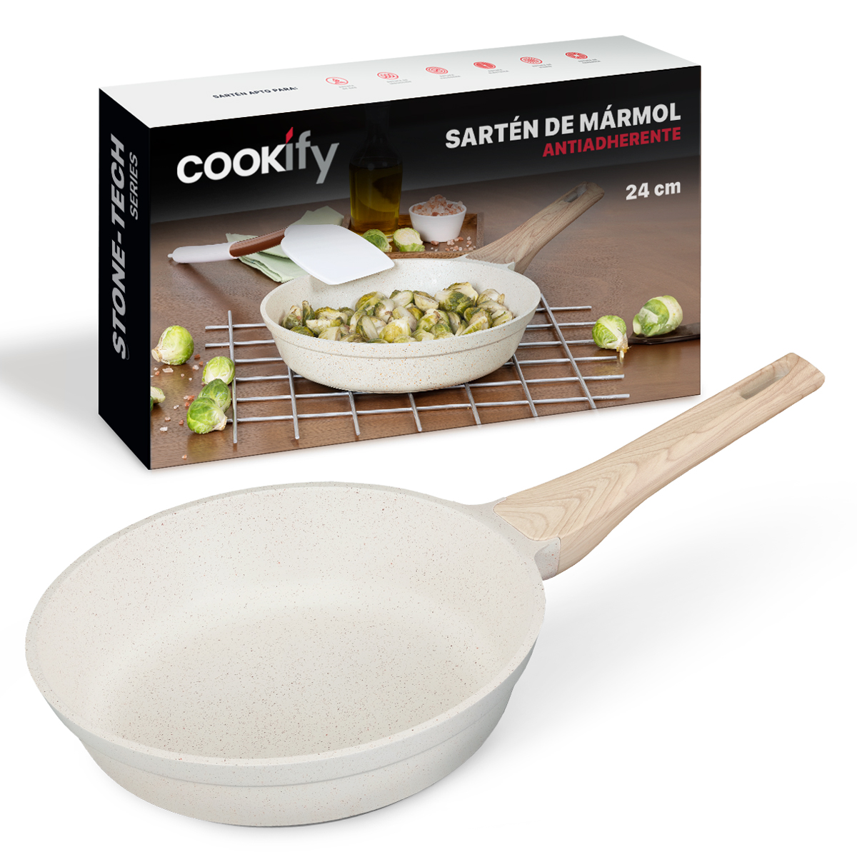 Foto 2 pulgar | Sartén Cookify De Mármol 24 Cm Beige, Antiadherente, Libre De Pfoa