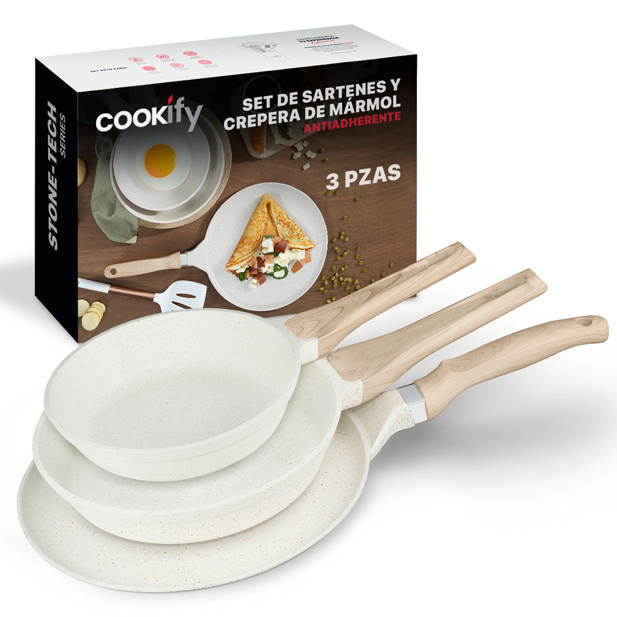 Foto 2 pulgar | Set de Sartenes y Crepera Cookify de Mármol 20/ 24/ 28 cm Beige Antiadherente Libre de PFOA