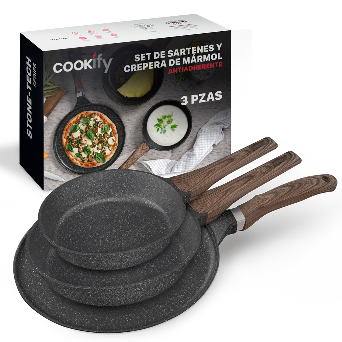 Foto 2 pulgar | Set De Sartenes Y Crepera Cookify  20/ 24/ 28 Cm Negro, Antiadherente, Libre De Pfoa