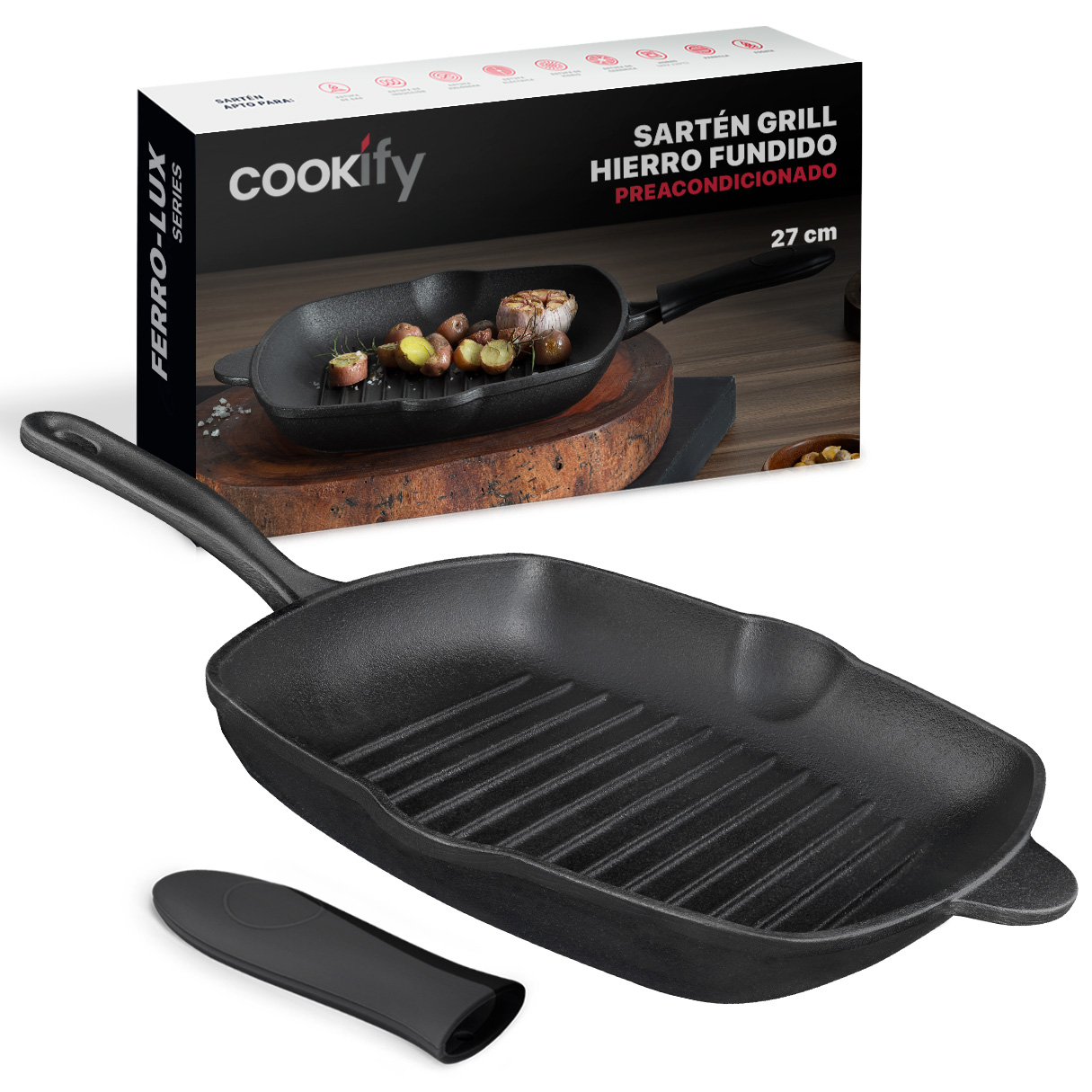 Sartén Grill Cookify De Hierro Fundido Precurado  Negro  27 Cm