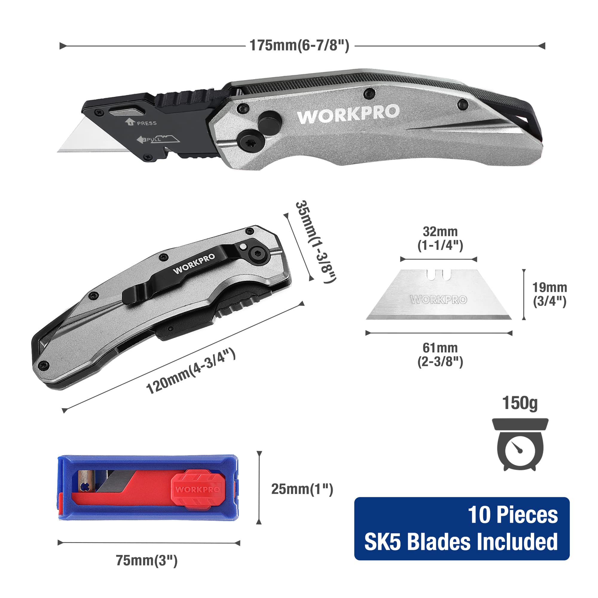 Foto 2 | Cuchillo Utilitario Plegable Workpro Heavy Duty Metal Con 10 Hojas - Venta Internacional.