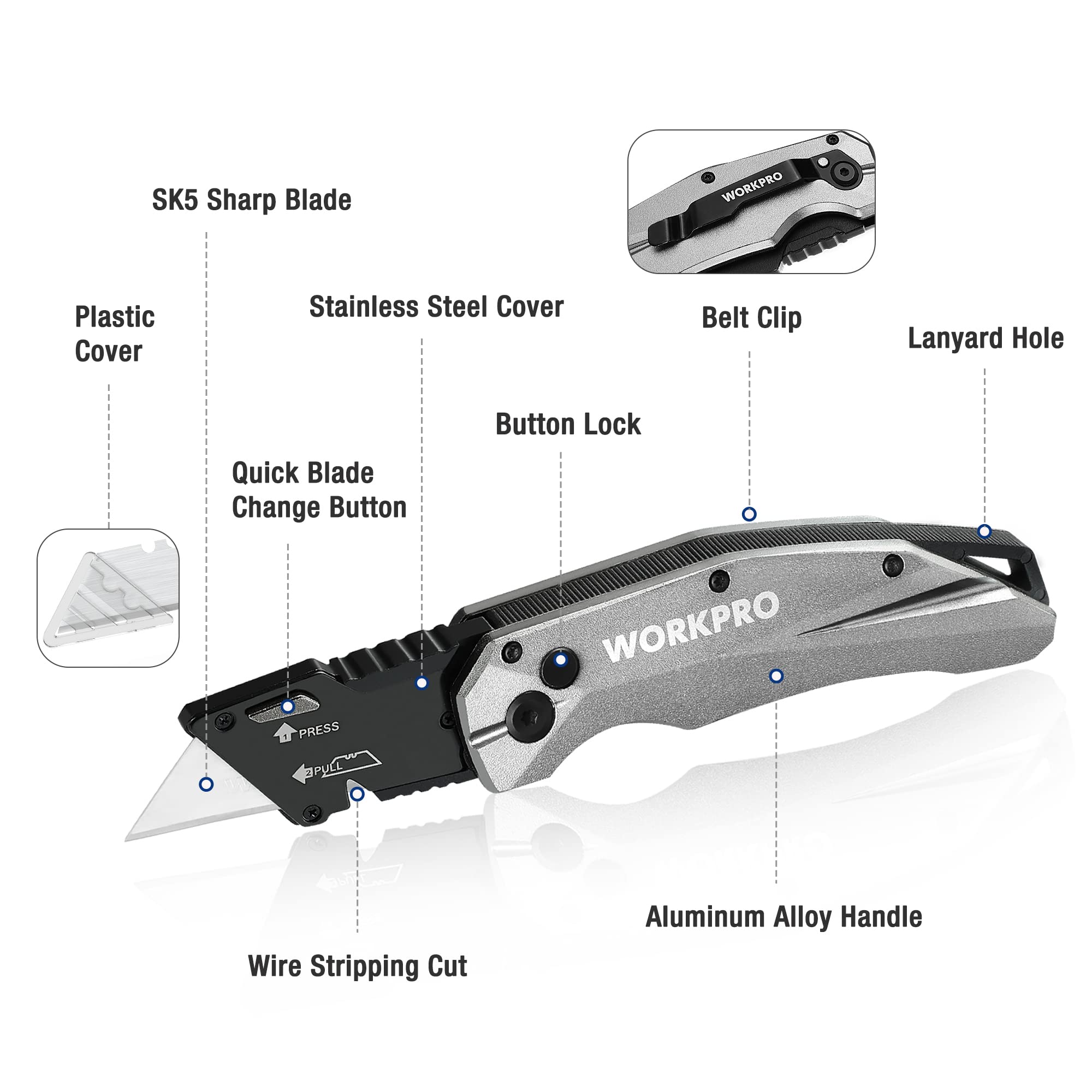 Foto 4 pulgar | Cuchillo Utilitario Plegable Workpro Heavy Duty Metal Con 10 Hojas - Venta Internacional.