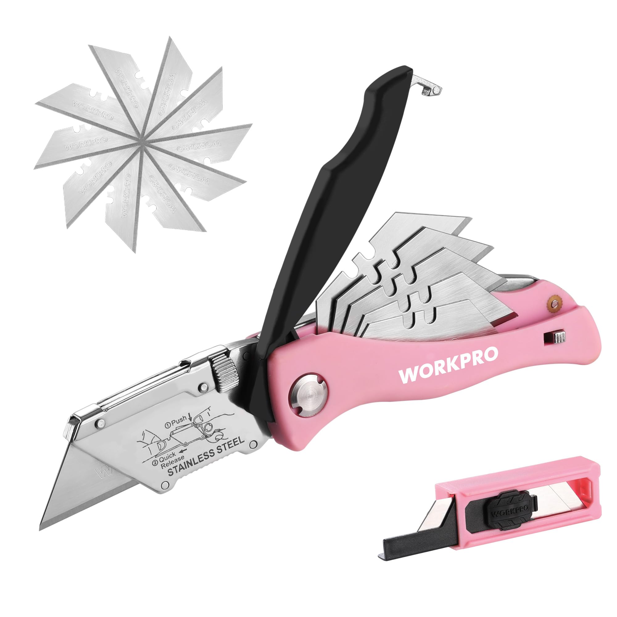 Foto 2 pulgar | Navaja Multiusos Plegable Workpro Con Cinta Rosa Con 15 Cuchillas - Venta Internacional.