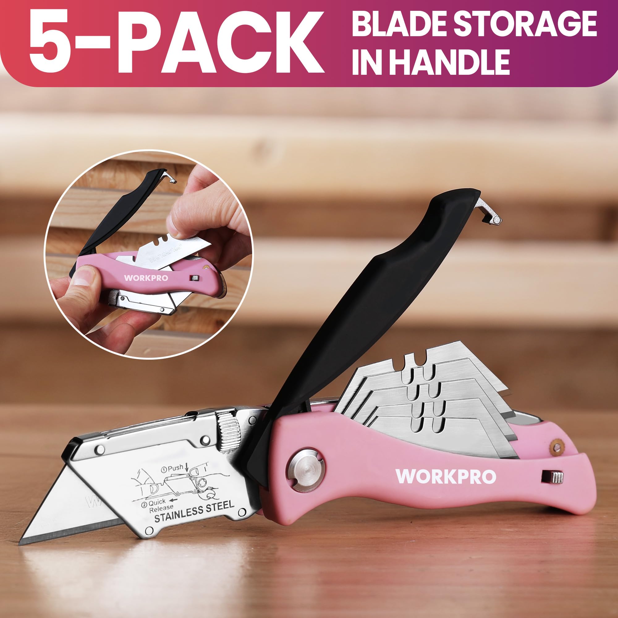Foto 5 pulgar | Navaja Multiusos Plegable Workpro Con Cinta Rosa Con 15 Cuchillas - Venta Internacional.