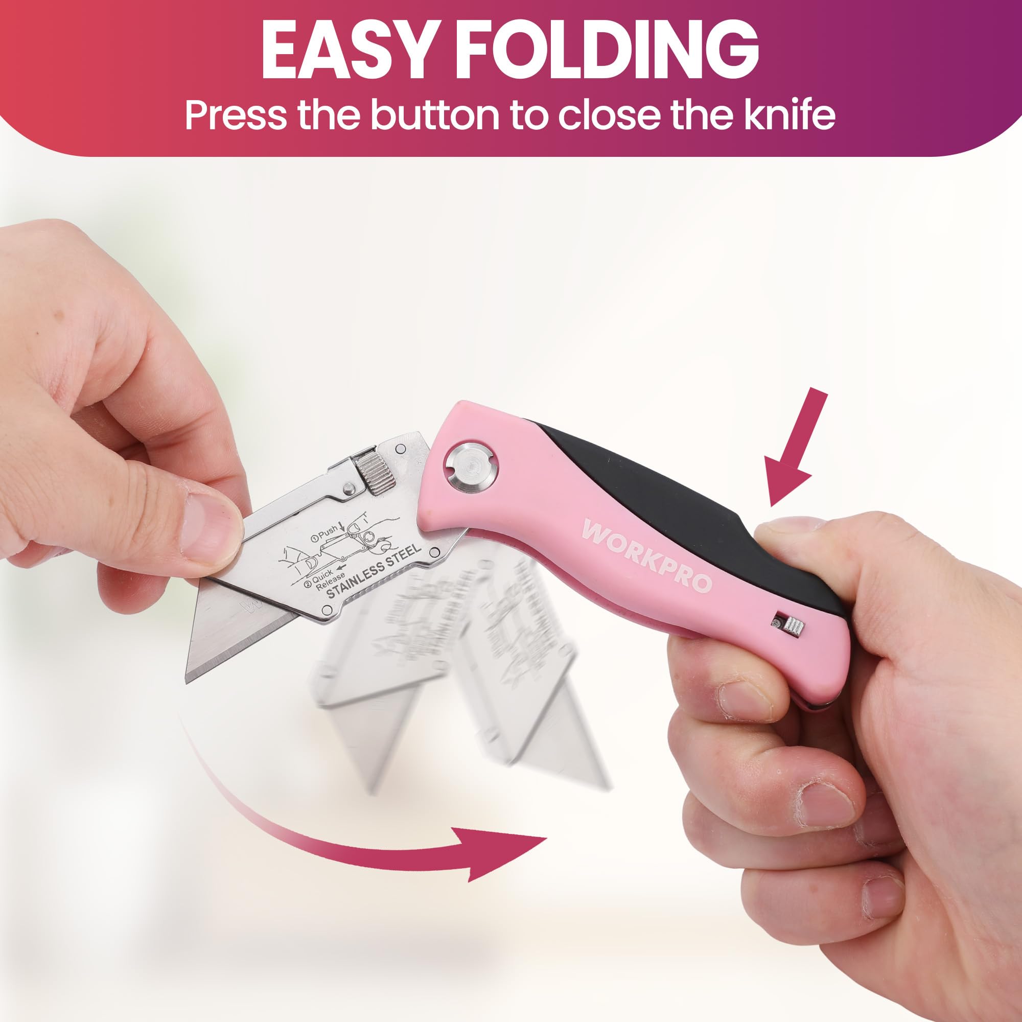 Foto 7 pulgar | Navaja Multiusos Plegable Workpro Con Cinta Rosa Con 15 Cuchillas - Venta Internacional.