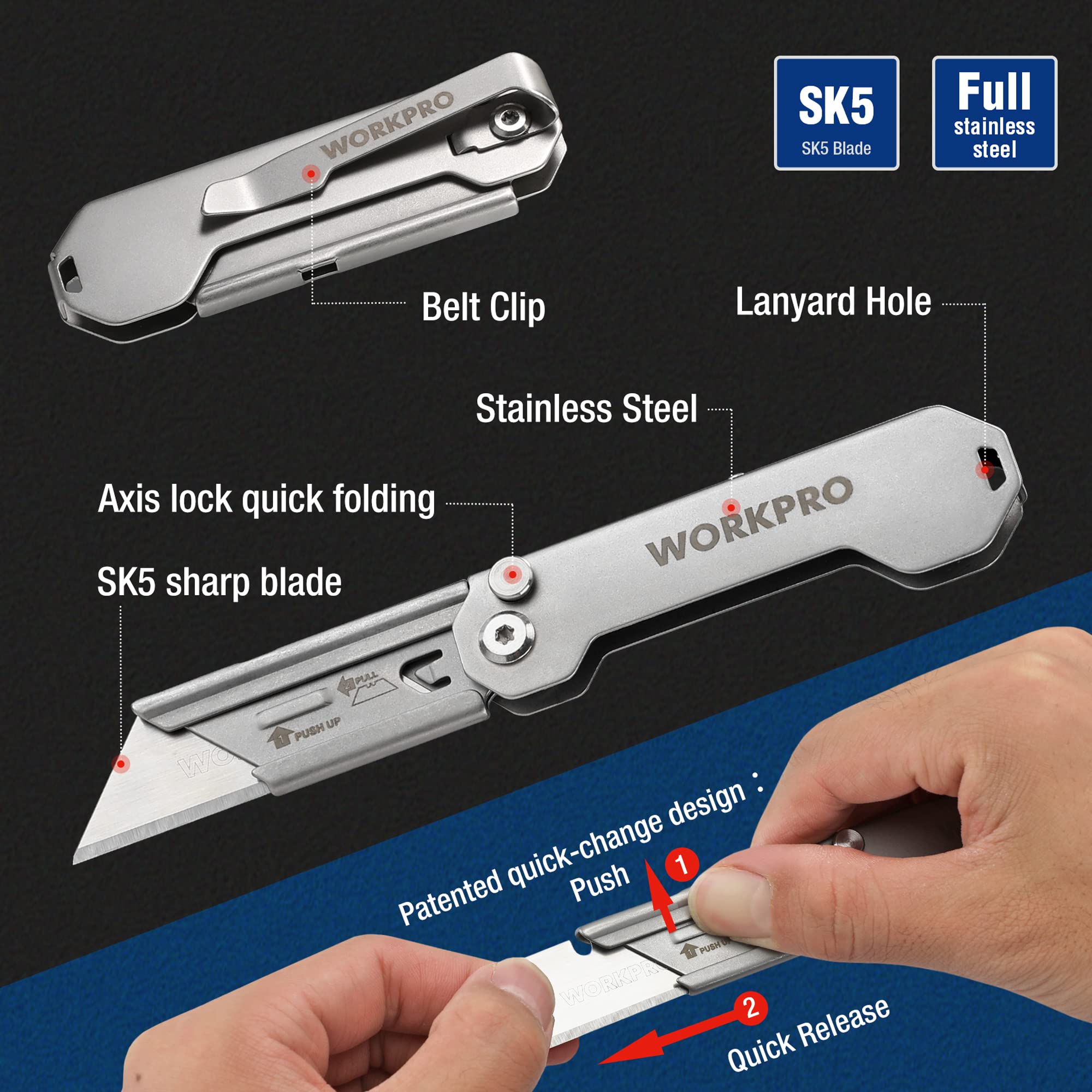 Foto 5 pulgar | Navaja Multiusos Plegable Workpro, Paquete De 3 Con Cuchillas De Cambio Rápido - Venta Internacional.