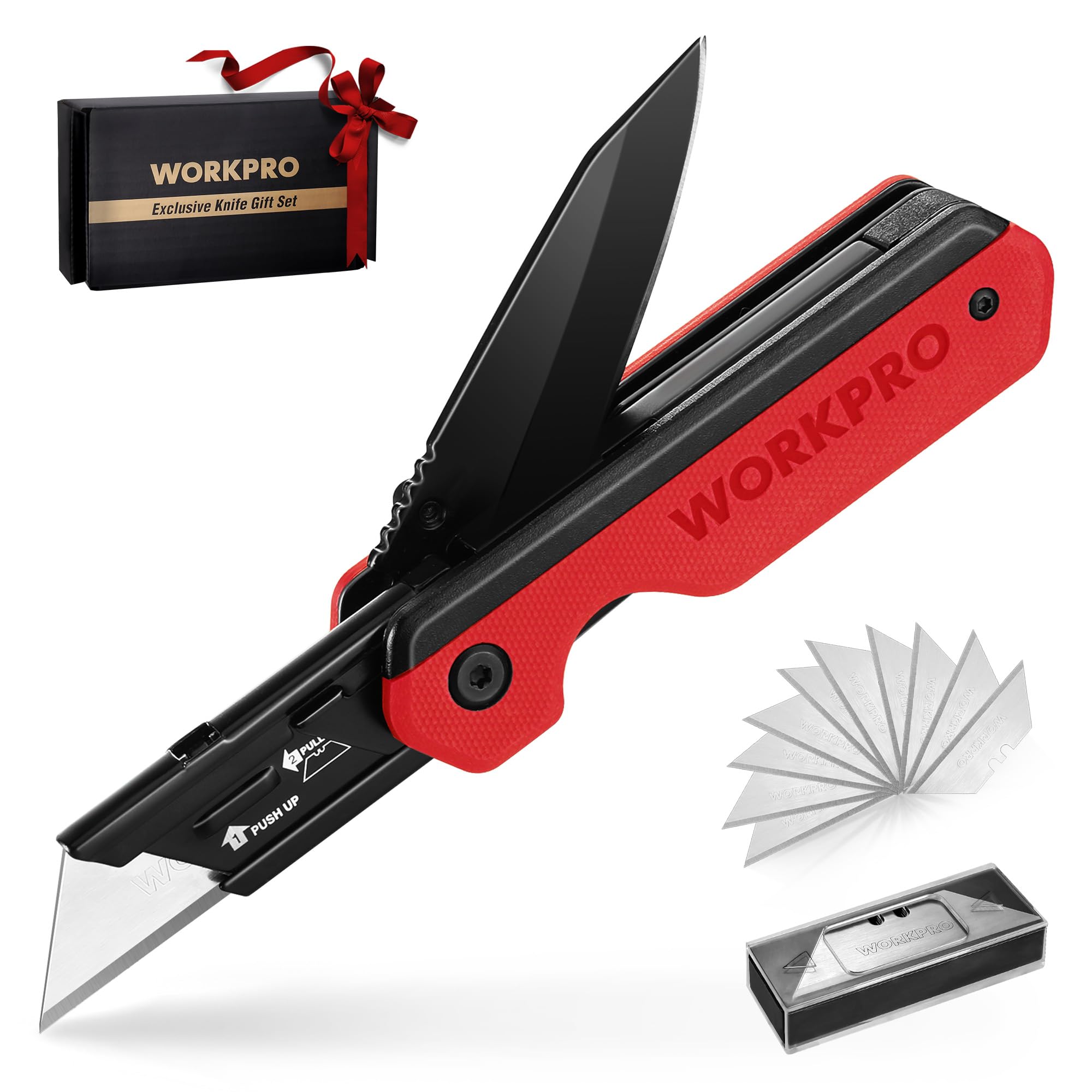 Cuchillo Plegable/navaja Multiusos Workpro 2 En 1 Con 10 Hojas, Color Rojo - Venta Internacional.