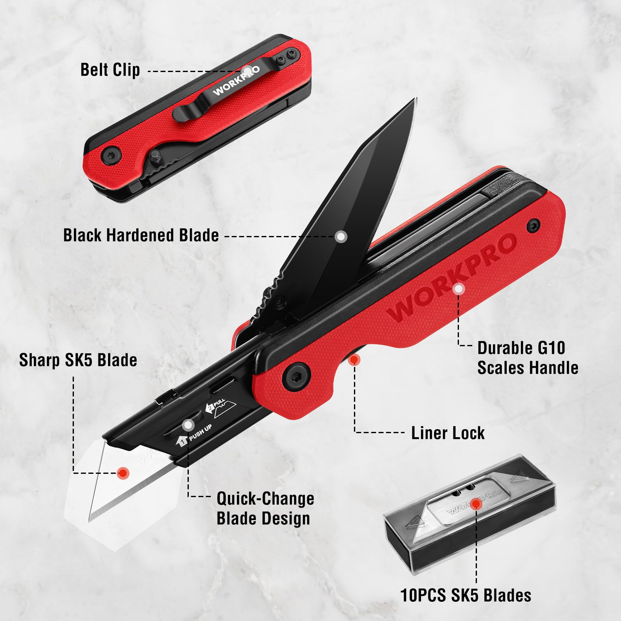 Foto 3 | Cuchillo Plegable/navaja Multiusos Workpro 2 En 1 Con 10 Hojas, Color Rojo - Venta Internacional.