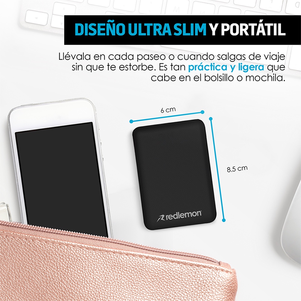 Foto 4 pulgar | Power Bank 10,000 Mah Ultra Slim Carga Rápida 2usb, Redlemon, 78763-bl. Negro