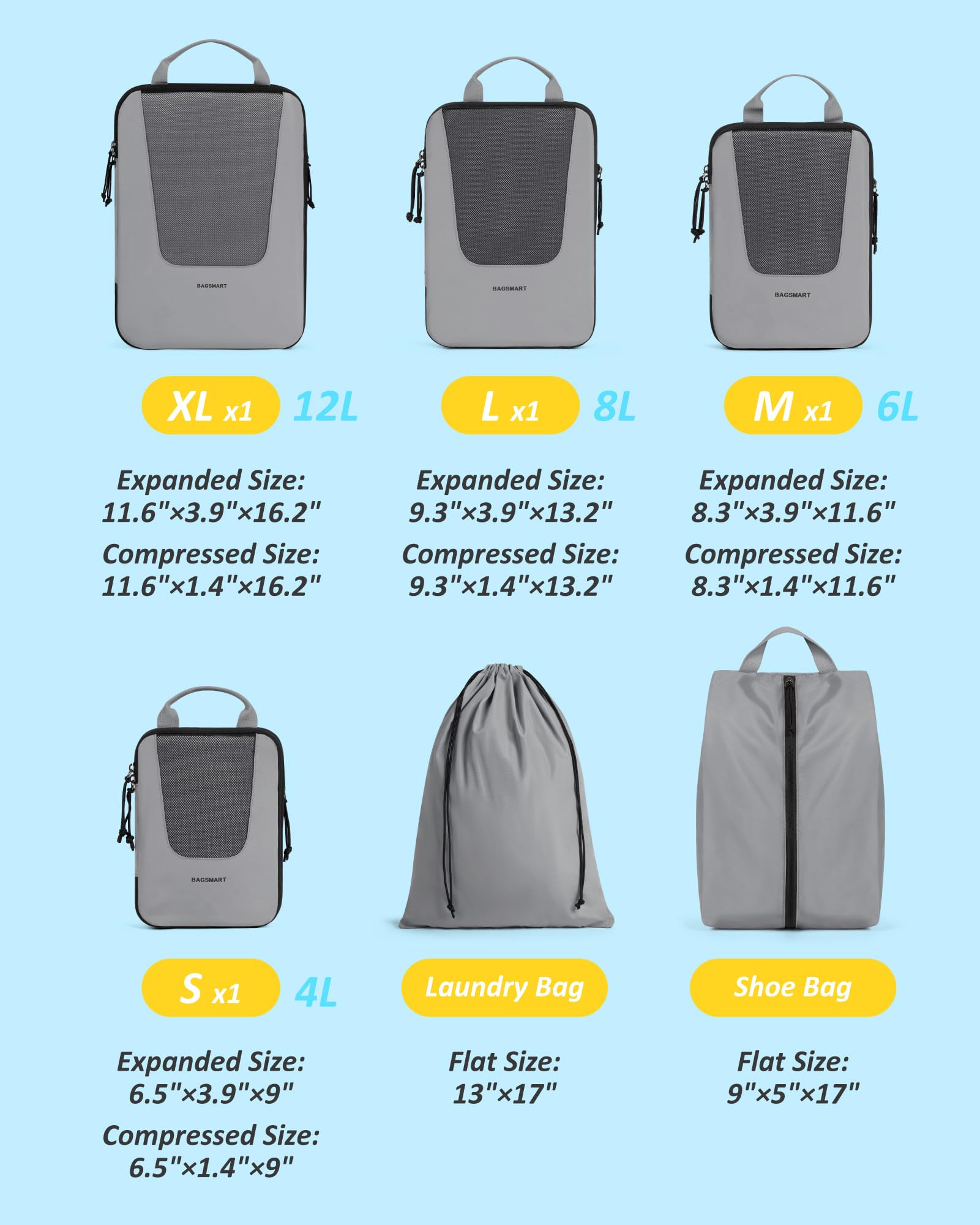 Foto 3 pulgar | Juego De 6 Cubos De Embalaje De Compresión Bagsmart Para Viajes, Color Gris - Venta Internacional.