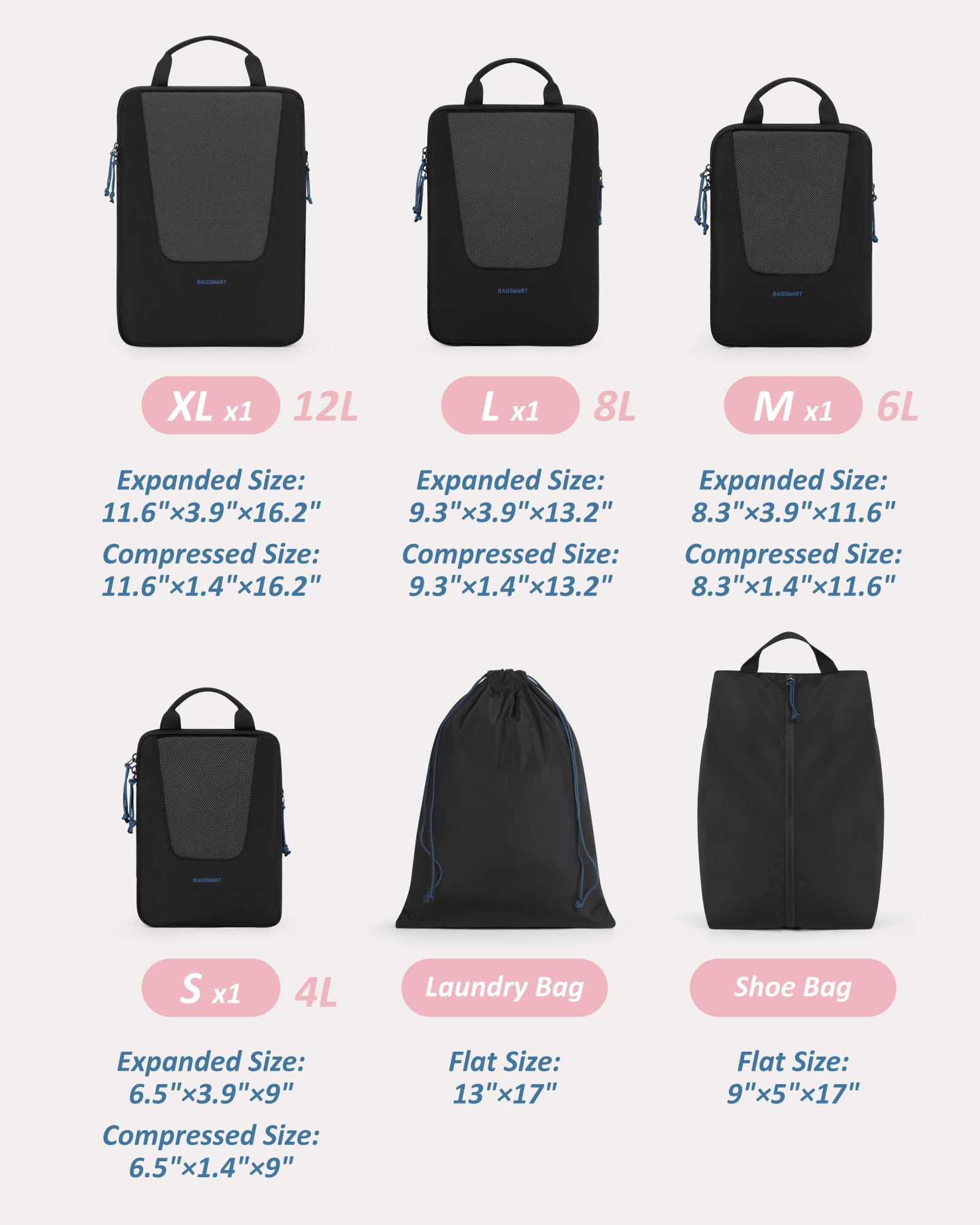 Foto 3 pulgar | Juego De 6 Cubos De Embalaje De Compresión Bagsmart Para Viajes, Negros - Venta Internacional.