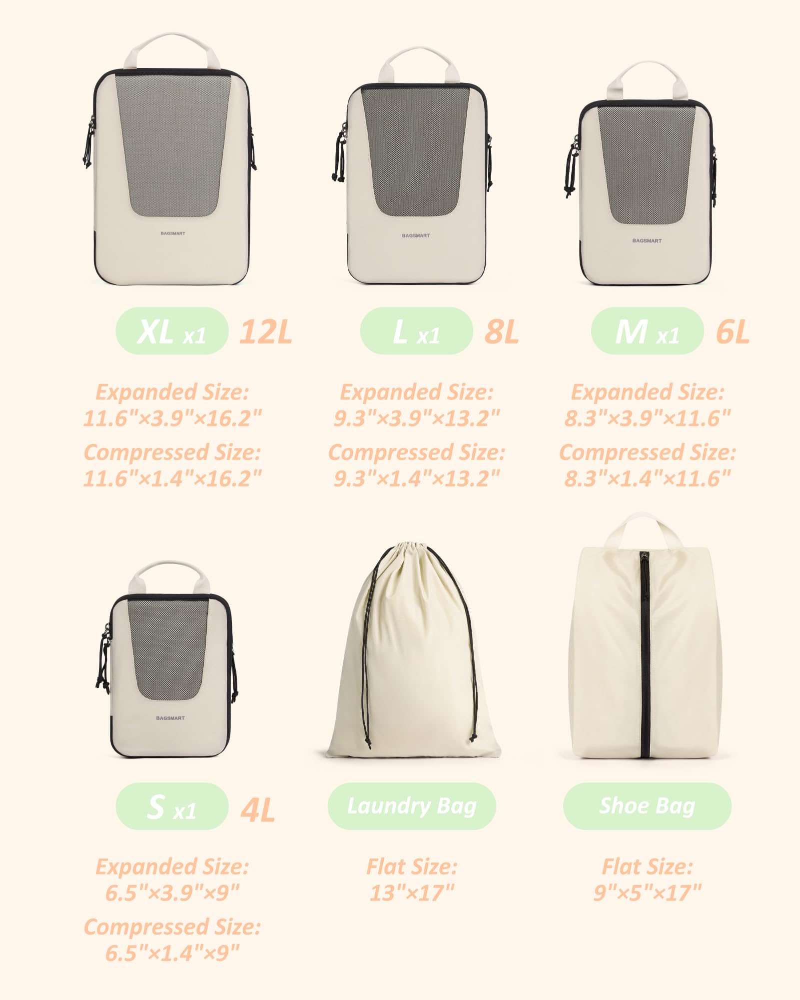 Foto 2 | Juego De 6 Cubos De Embalaje De Compresión Bagsmart Para Viajes, Color Beige - Venta Internacional.