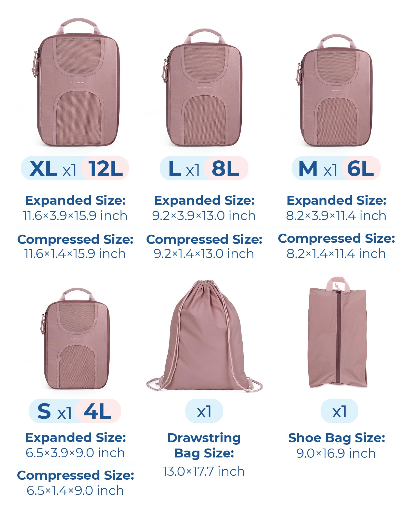 Foto 3 pulgar | Juego De 6 Cubos De Compresión Bagsmart Travel, Color Rosa Polvoriento - Venta Internacional.