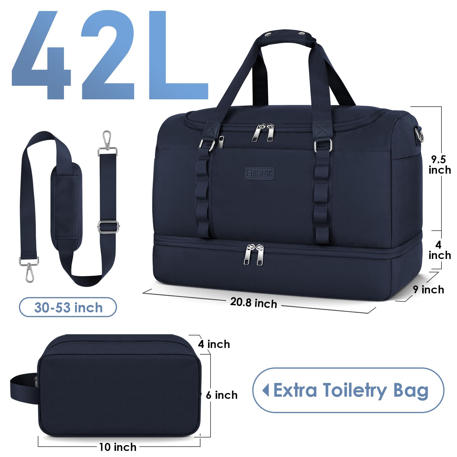 Foto 7 pulgar | Bolsa De Viaje Etronik Para Hombre Y Mujer Con Compartimento Para Zapatos 42 L, Color Azul - Venta Internacional.