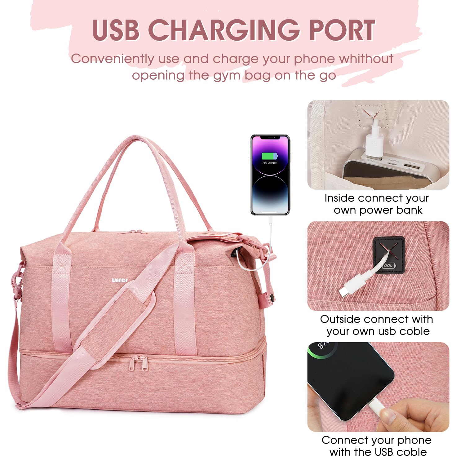 Foto 6 pulgar | Bolsa De Viaje Wandf Para Spirit Airlines Con Puerto Usb, Color Rosa - Venta Internacional.
